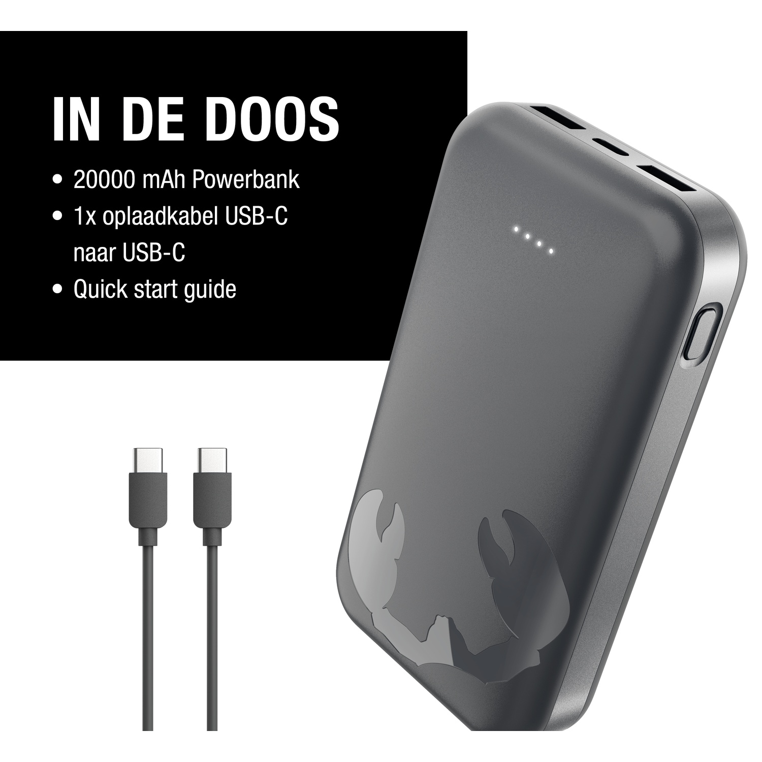 Une batterie externe gris foncé avec des câbles USB-C et un guide de démarrage rapide est affichée. Texte : batterie externe de 20 000 mAh, câble USB-C.