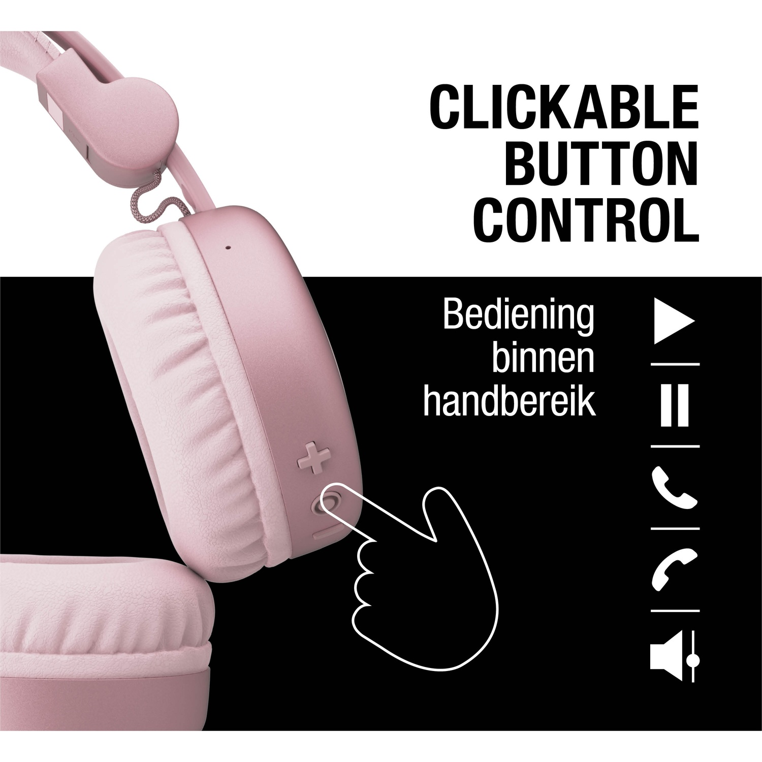 Roze koptelefoon met klikbare knopbediening. Tekst zegt 'CLICKABLE BUTTON CONTROL'. Een hand wijst naar de knop.