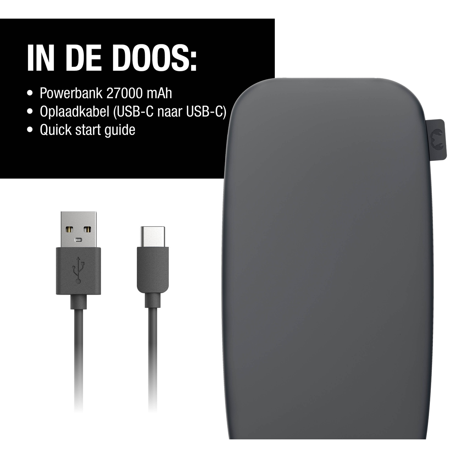 Afbeelding toont een powerbank, een USB-C-kabel en tekst met items: powerbank 27000 mAh, oplaadkabel (USB-C naar USB-C) en een snelstartgids.