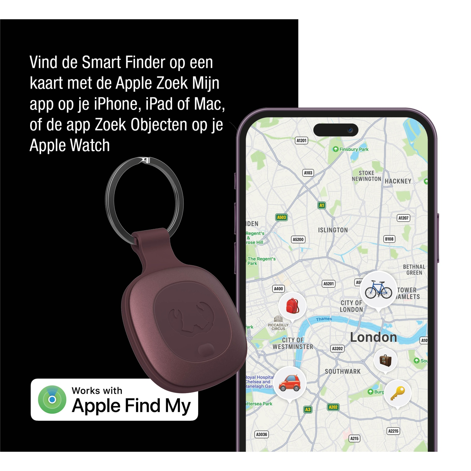 Een bordeauxrode Smart Finder aan een sleutelhanger, met een telefoonscherm met een kaart van Londen. Apple Find My-logo onderaan.