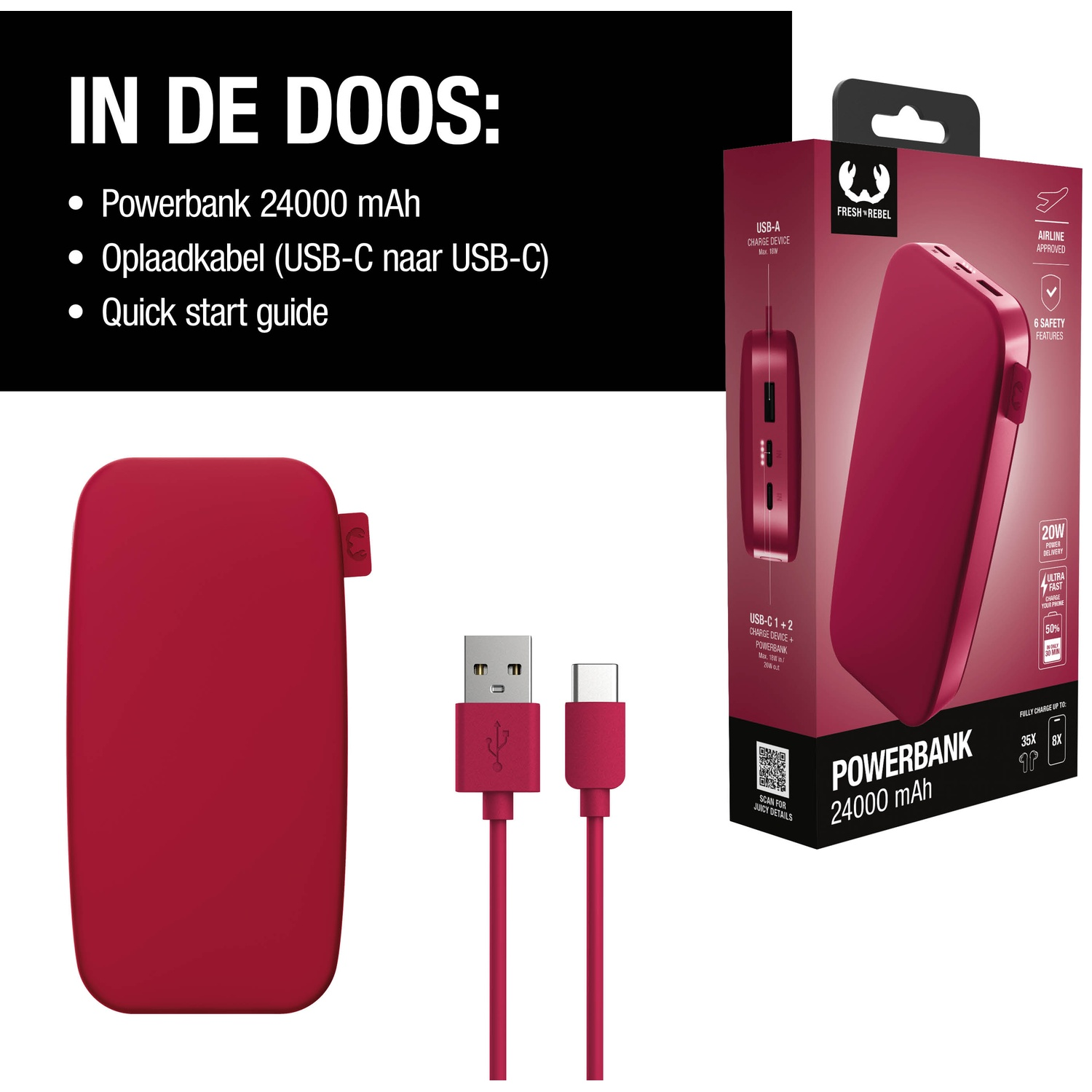 Une batterie externe rouge, un câble USB et une boîte. Texte : Powerbank 24000 mAh, câble USB-C et guide de démarrage rapide.