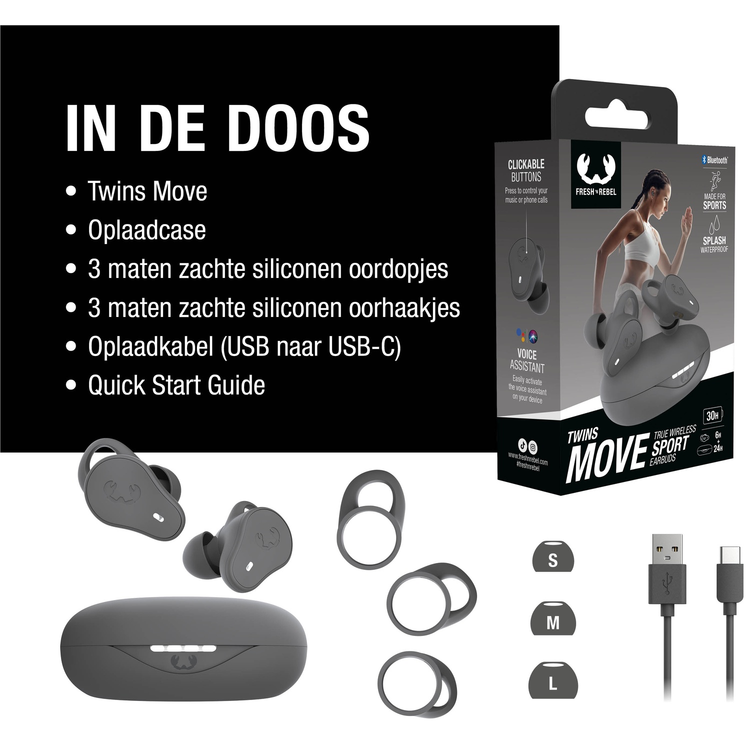 L'image montre des écouteurs Twins Move, étui de charge, embouts, crochets, câble USB et emballage.