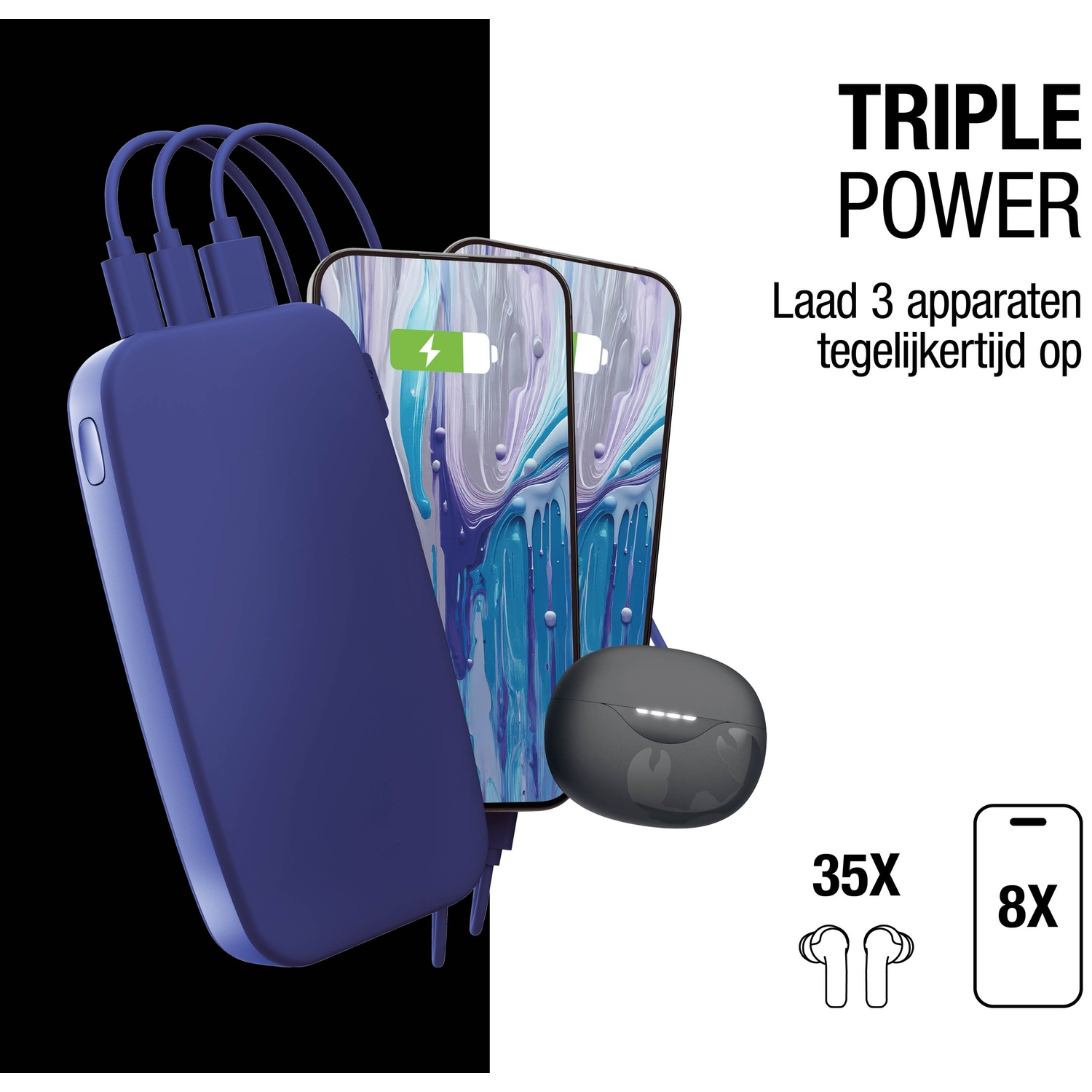 L'image montre une batterie externe bleue chargeant deux téléphones et des écouteurs. Le texte dit 'Triple Power' et 'charge 3 appareils'.