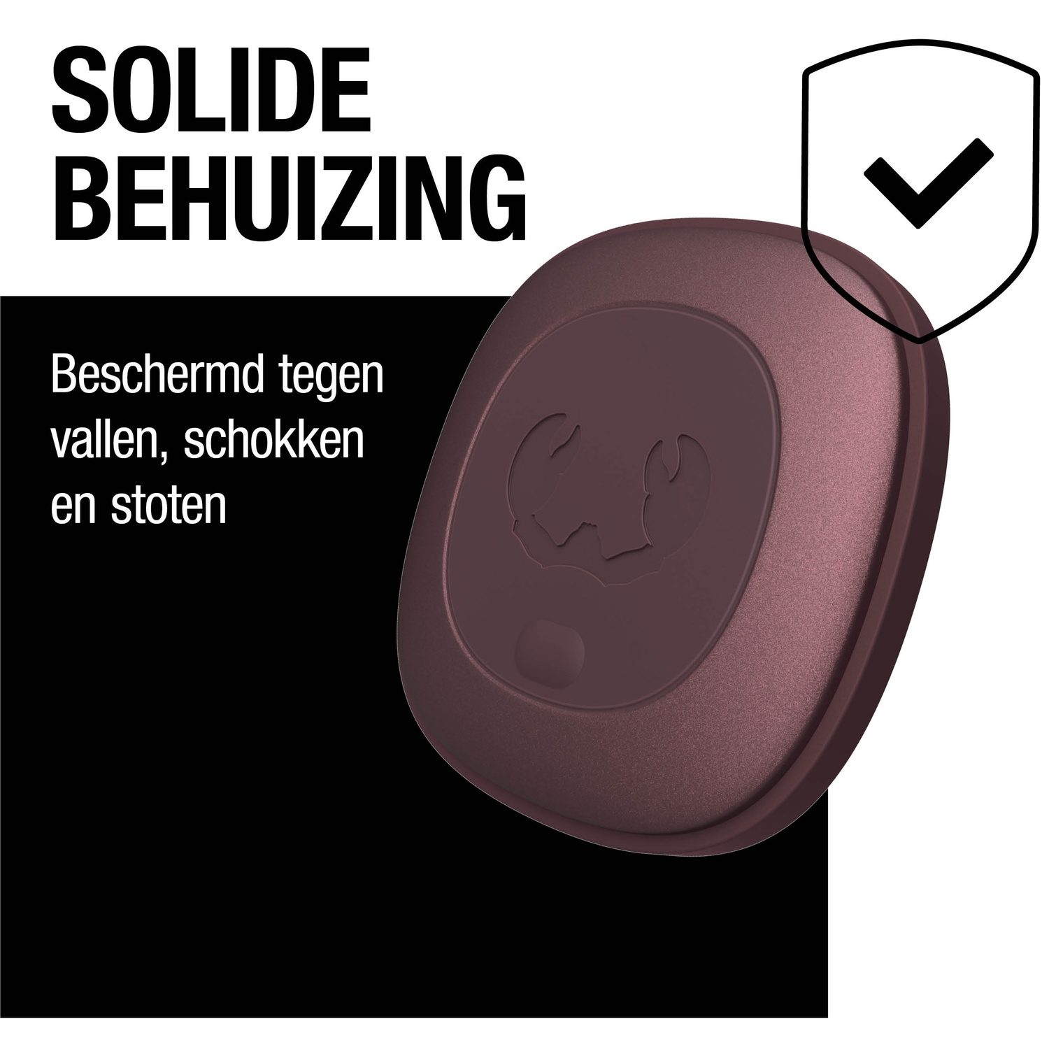 Afbeelding toont een bordeauxrood apparaat met een schildpictogram. Tekst zegt 'Solide behuizing' en beschermt tegen vallen, schokken en stoten.