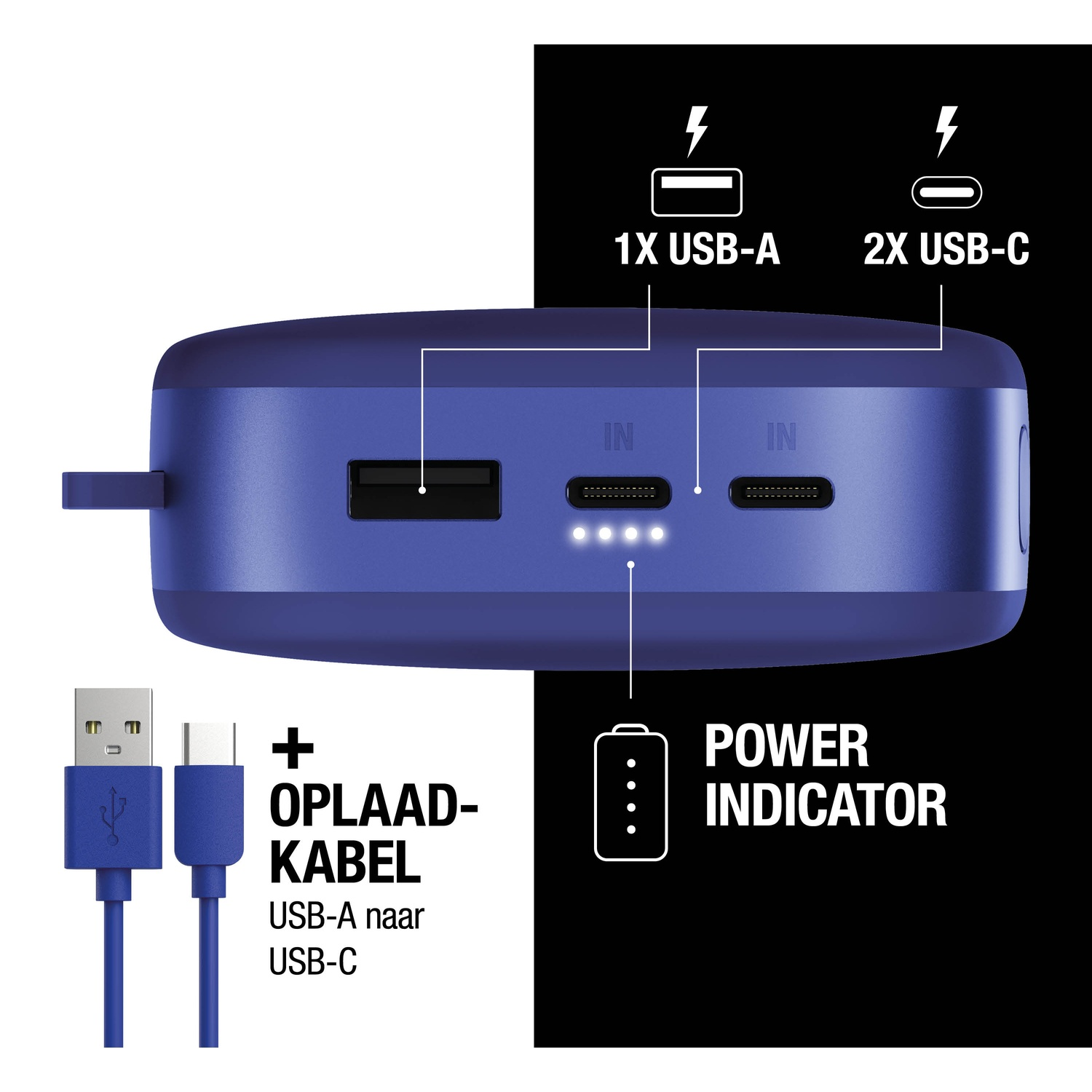 Batterie externe bleue avec ports USB-A et USB-C, câble de charge et indicateur d'alimentation. Détails des ports et type de charge.