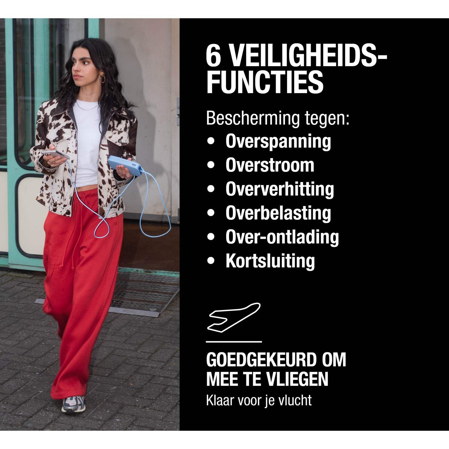 Femme en pantalon rouge et veste imprimée vache tenant un chargeur bleu, texte noir '6 fonctions de sécurité'.