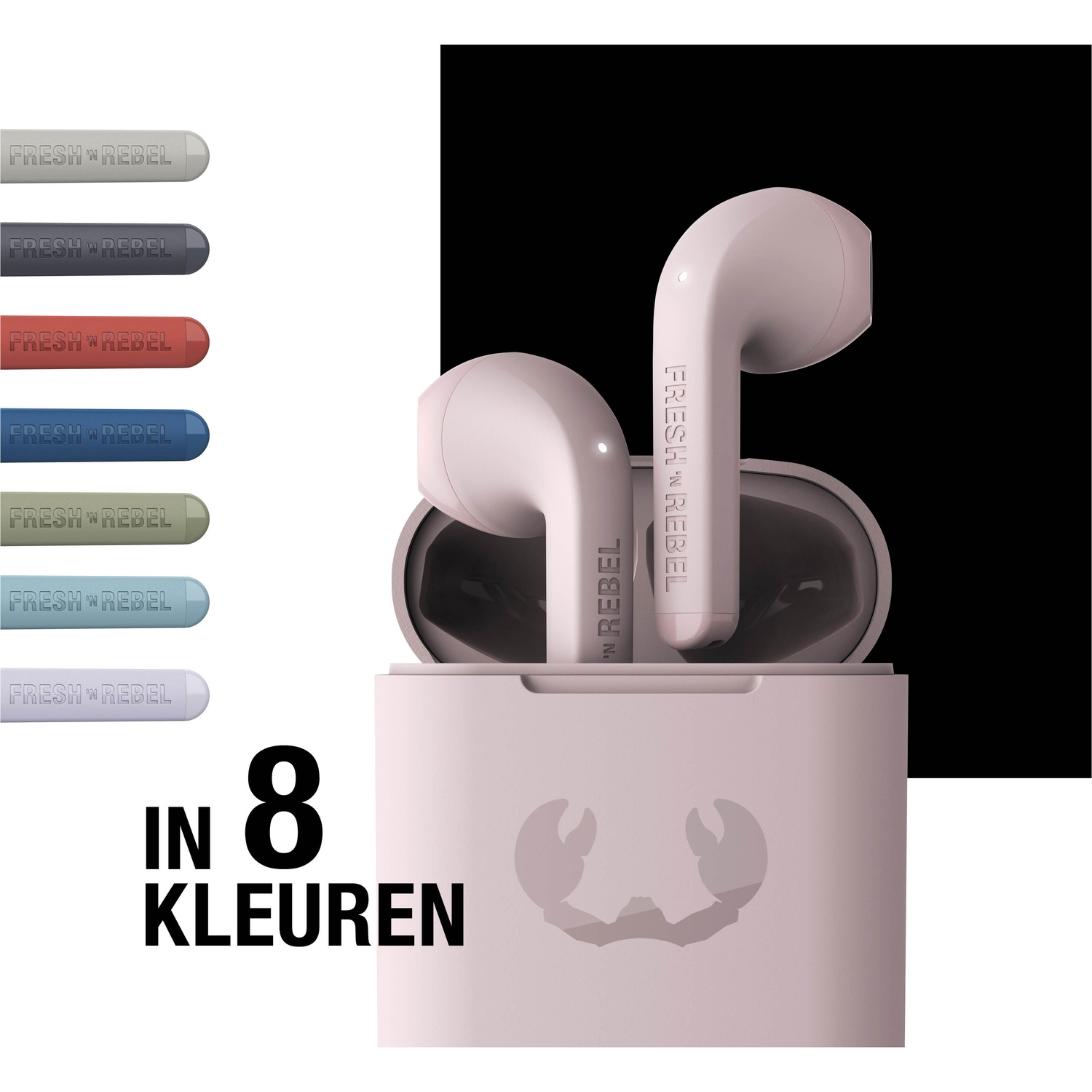 Roze oordopjes in een oplaadcase. Er worden acht kleuropties weergegeven. De merknaam is 'FRESH 'N REBEL'.