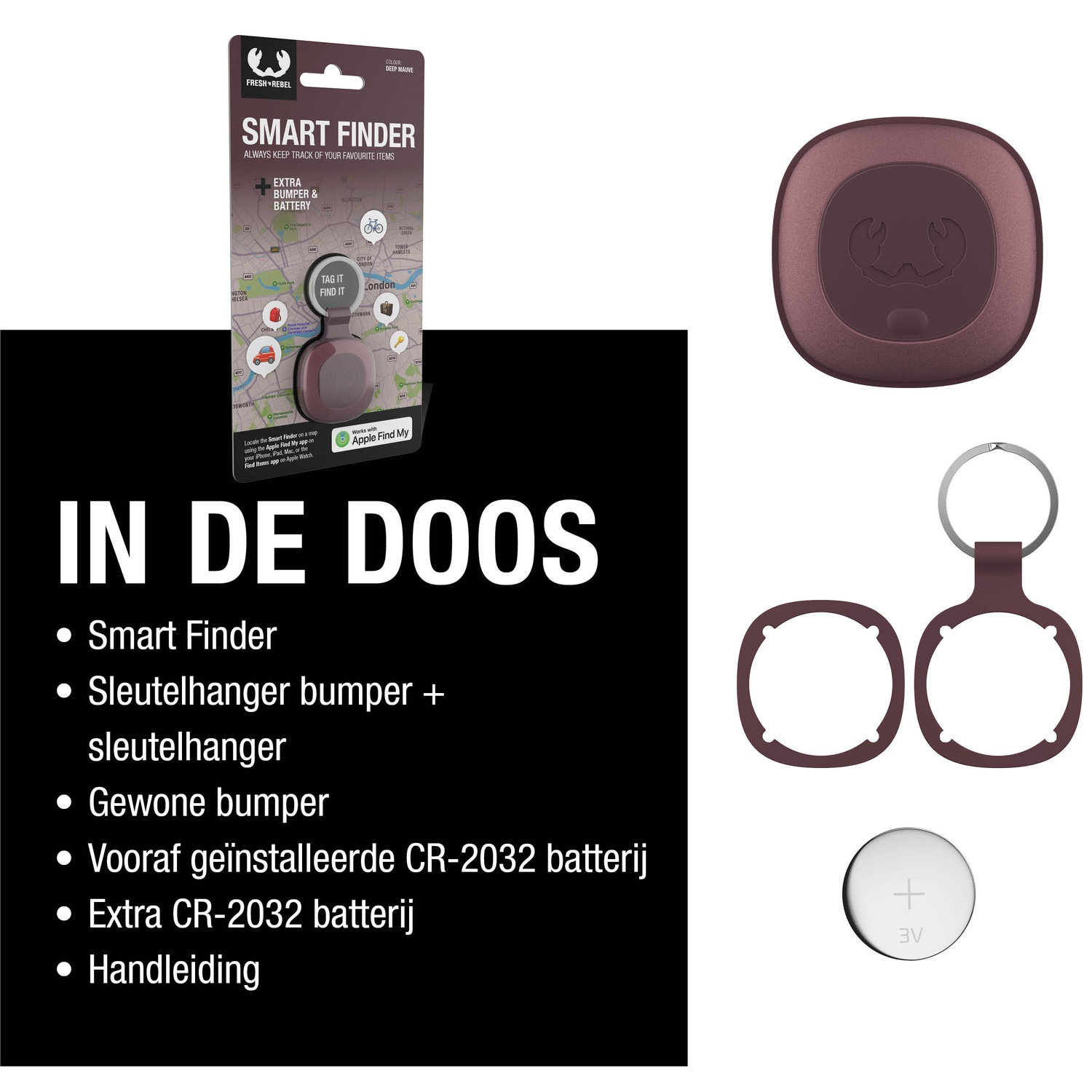 De afbeelding toont een Smart Finder-pakket met het product, bumper, sleutelhanger en batterij. Tekst geeft de meegeleverde items weer.