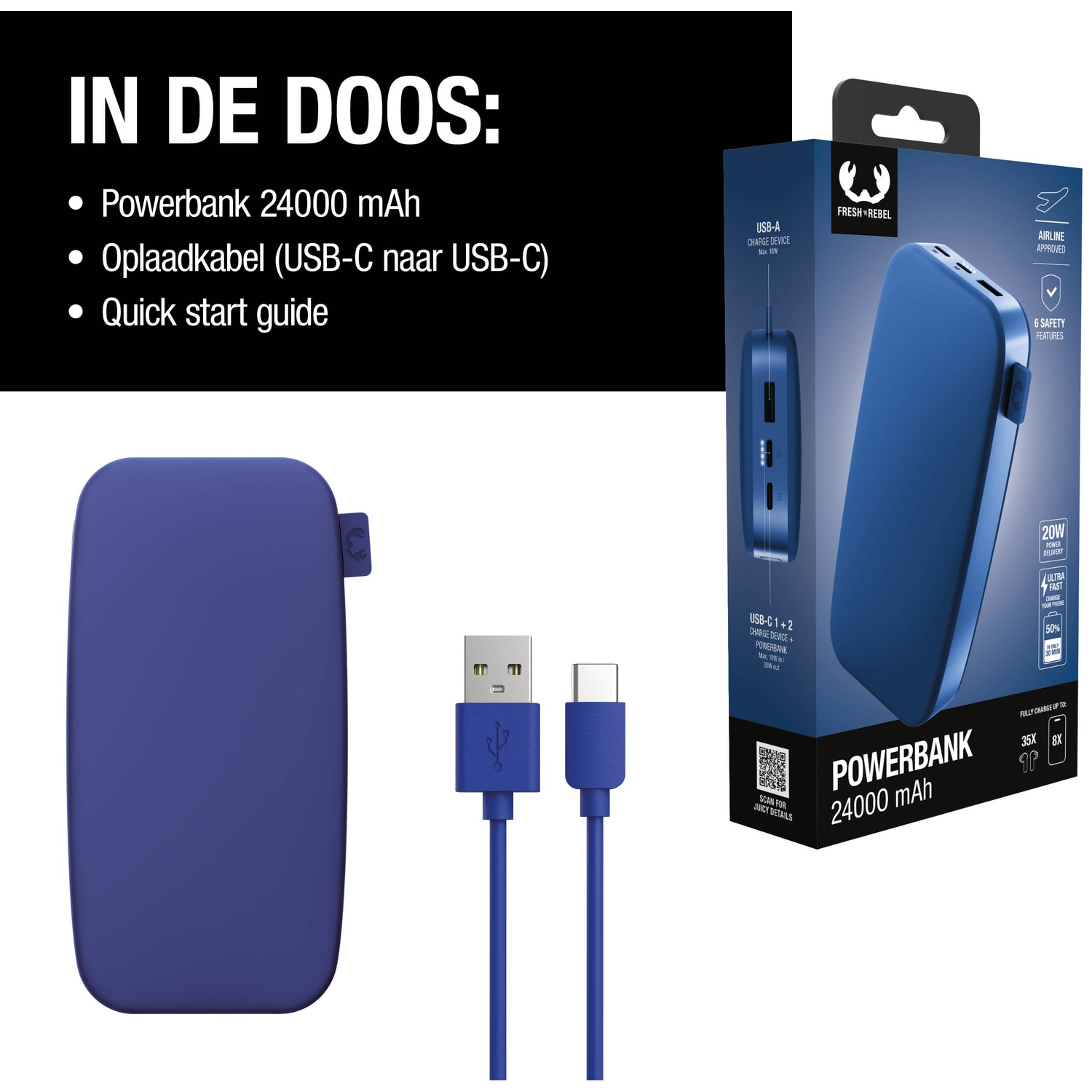 Image shows a blue power bank, cable, and packaging. Text details capacity, cable type, and quick start guide.
