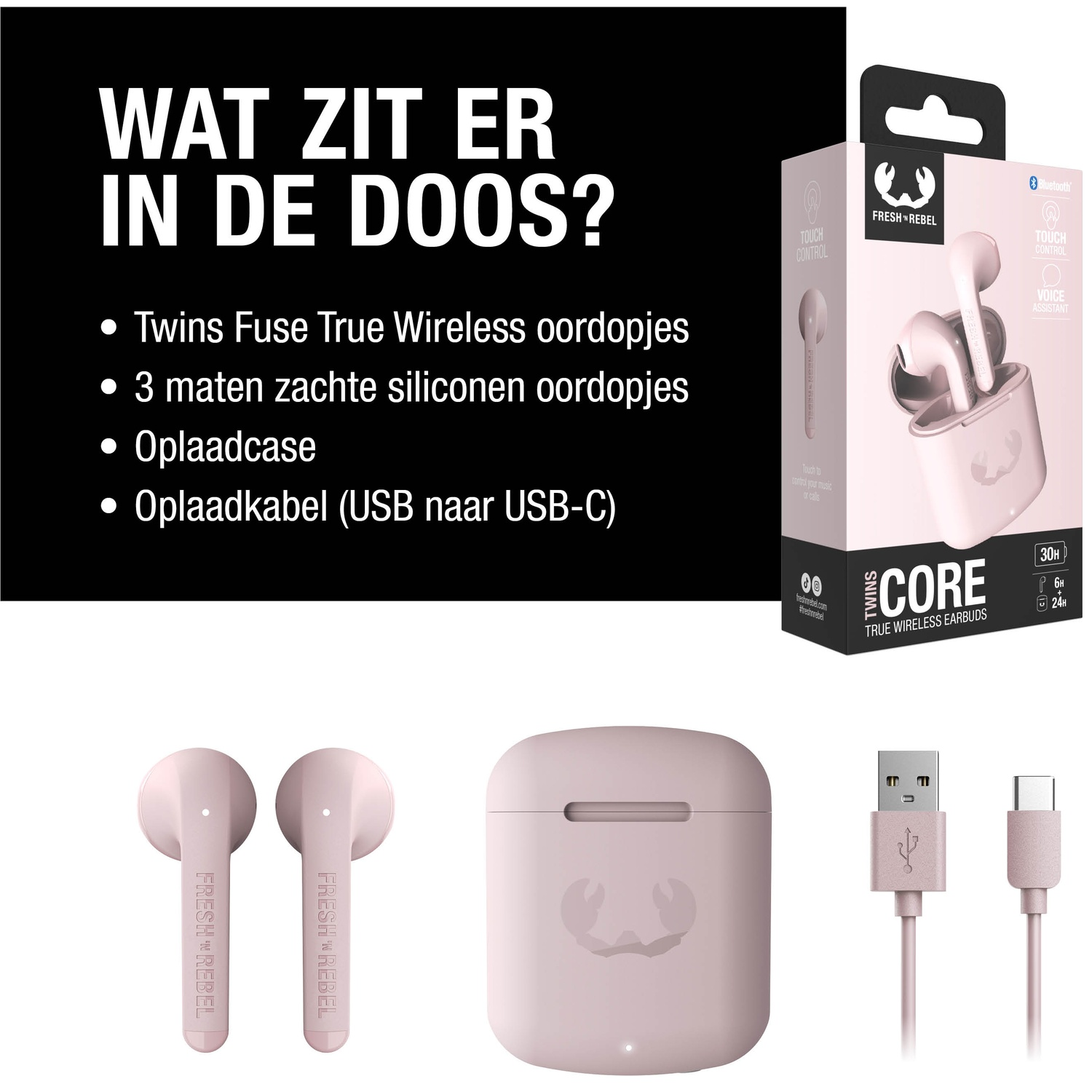 Roze draadloze oortelefoons, oplaadcase en kabel op witte achtergrond. Tekst vermeldt: oortelefoons, siliconen tips, case en kabel.