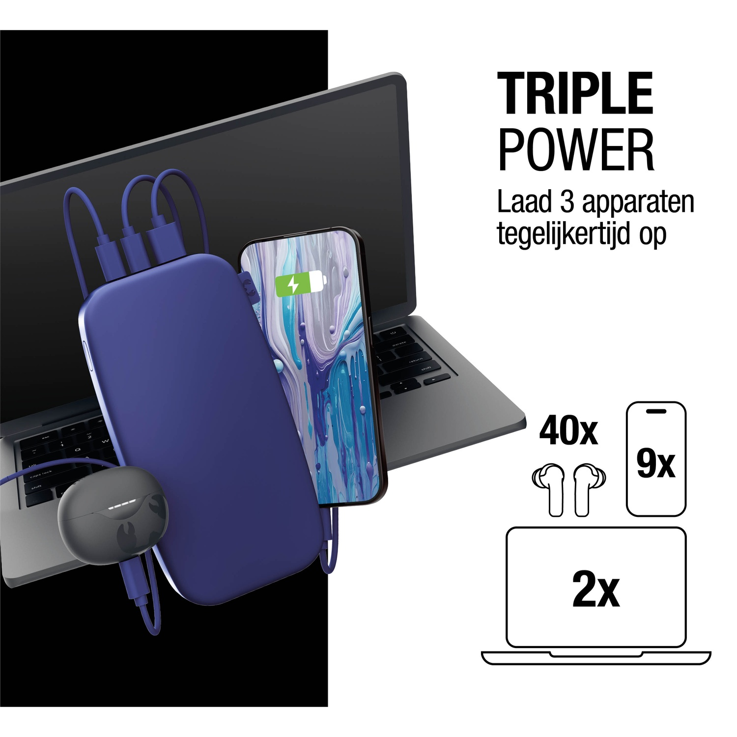 Een blauwe powerbank laadt een telefoon, laptop en oortelefoons op. Tekst: 'Triple Power' en 'Laad 3 apparaten tegelijk op'.