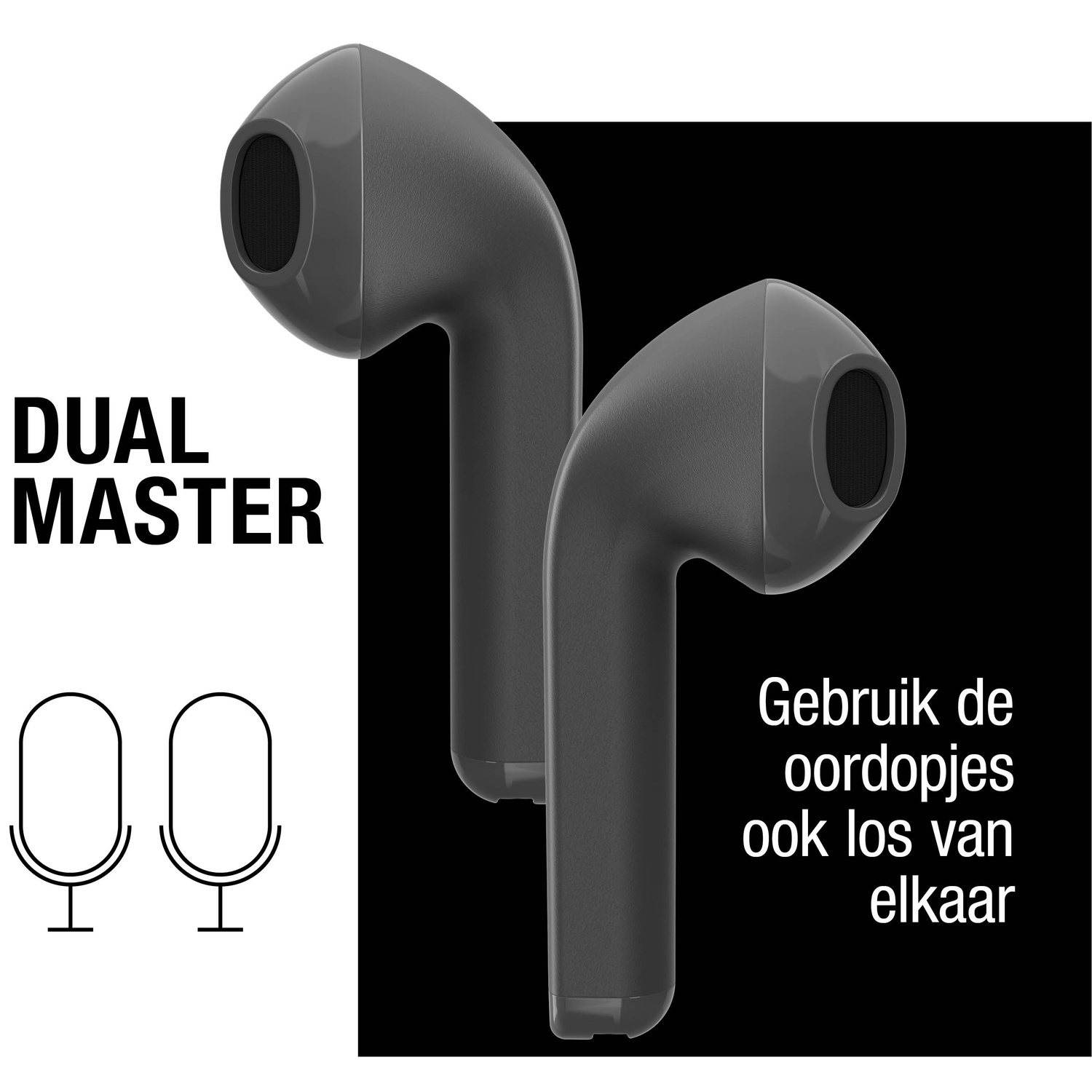 Deux écouteurs sans fil noirs sur fond noir et blanc. Texte : Dual Master. Utilisez les écouteurs séparément.