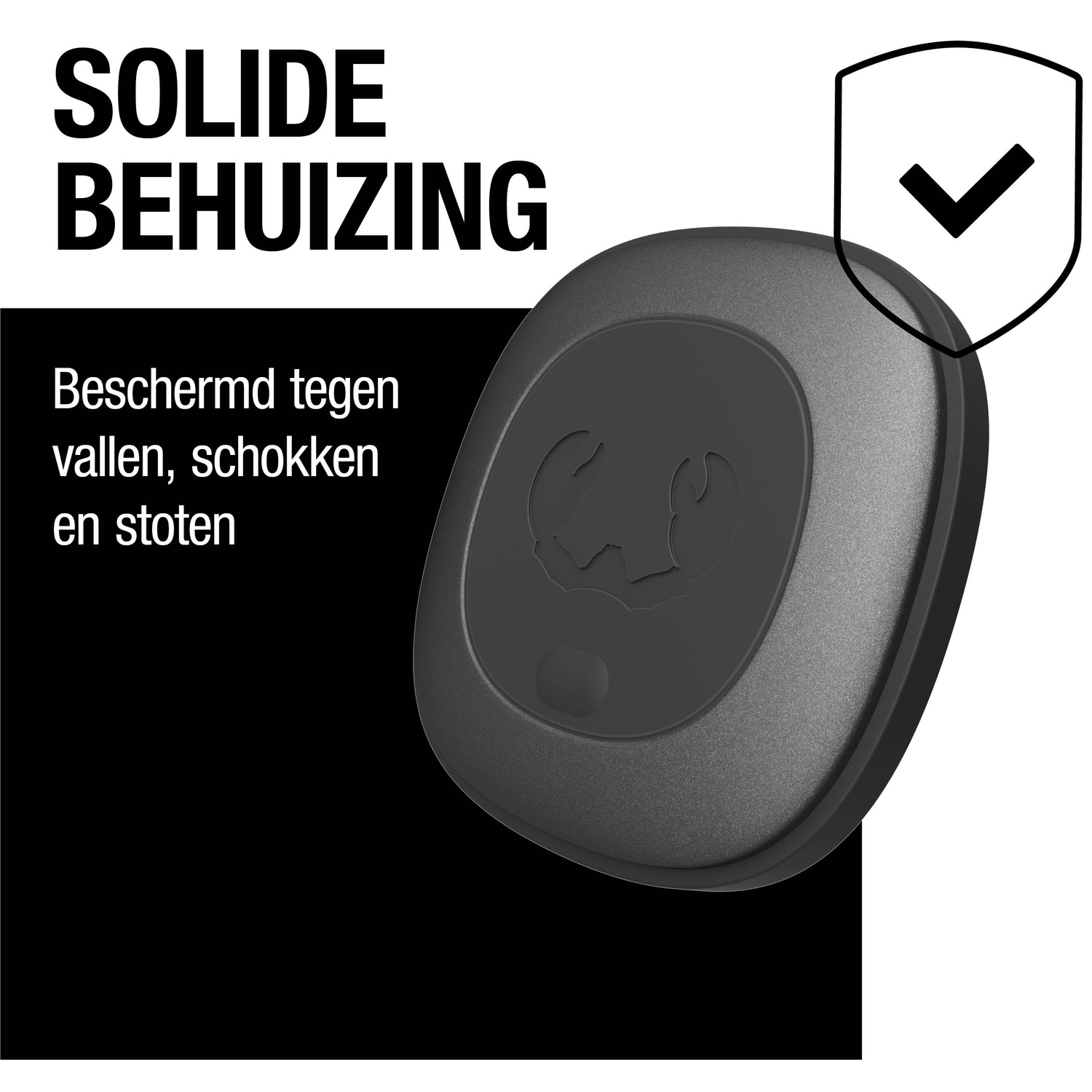 Zwart, ovaal object met logo. Tekst: 'Solide behuizing'. Schildpictogram met vinkje. Tekst: Beschermd tegen vallen, schokken.