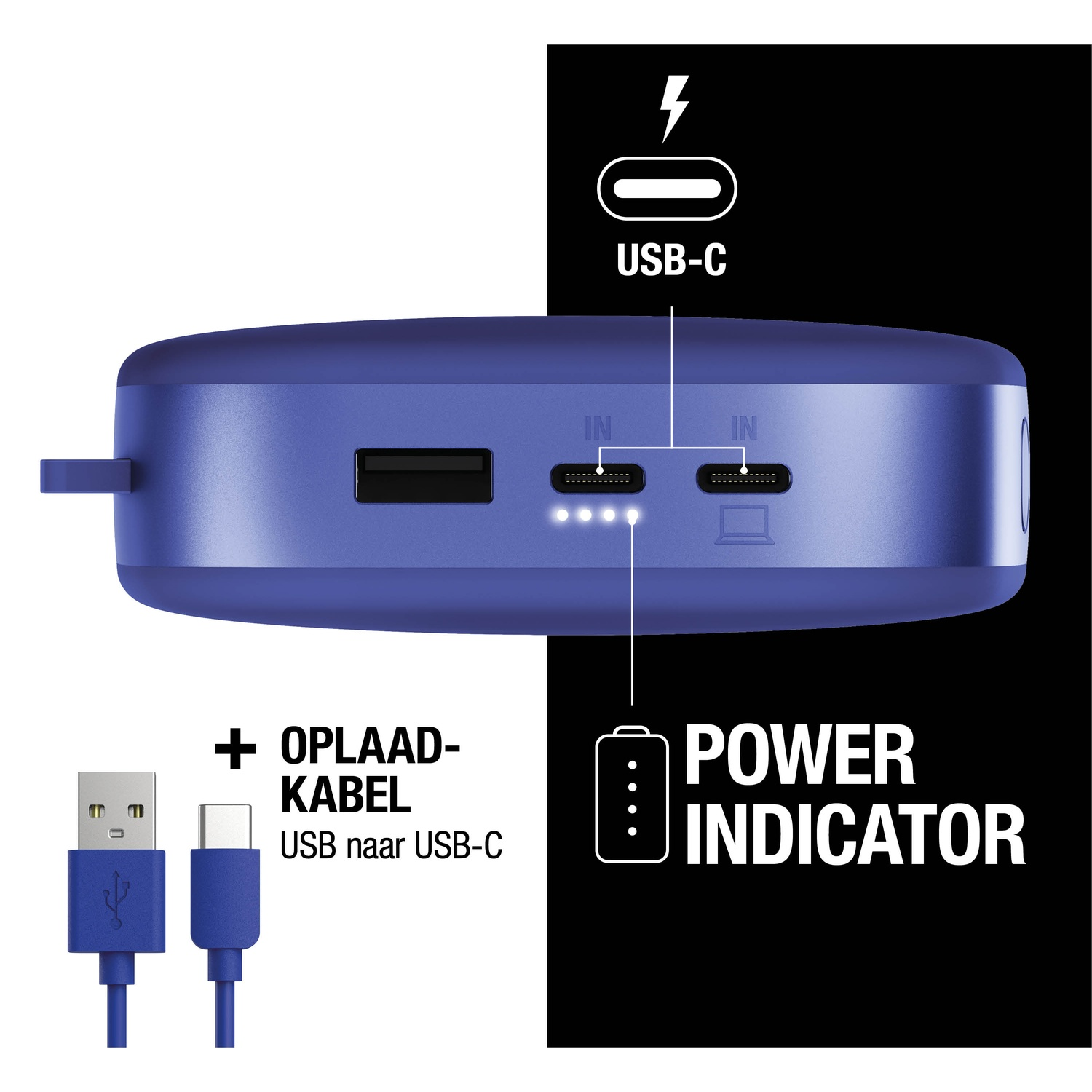 Blauwe powerbank met USB-C- en USB-poorten. Een USB-kabel is aangesloten. Tekst geeft USB naar USB-C opladen aan.