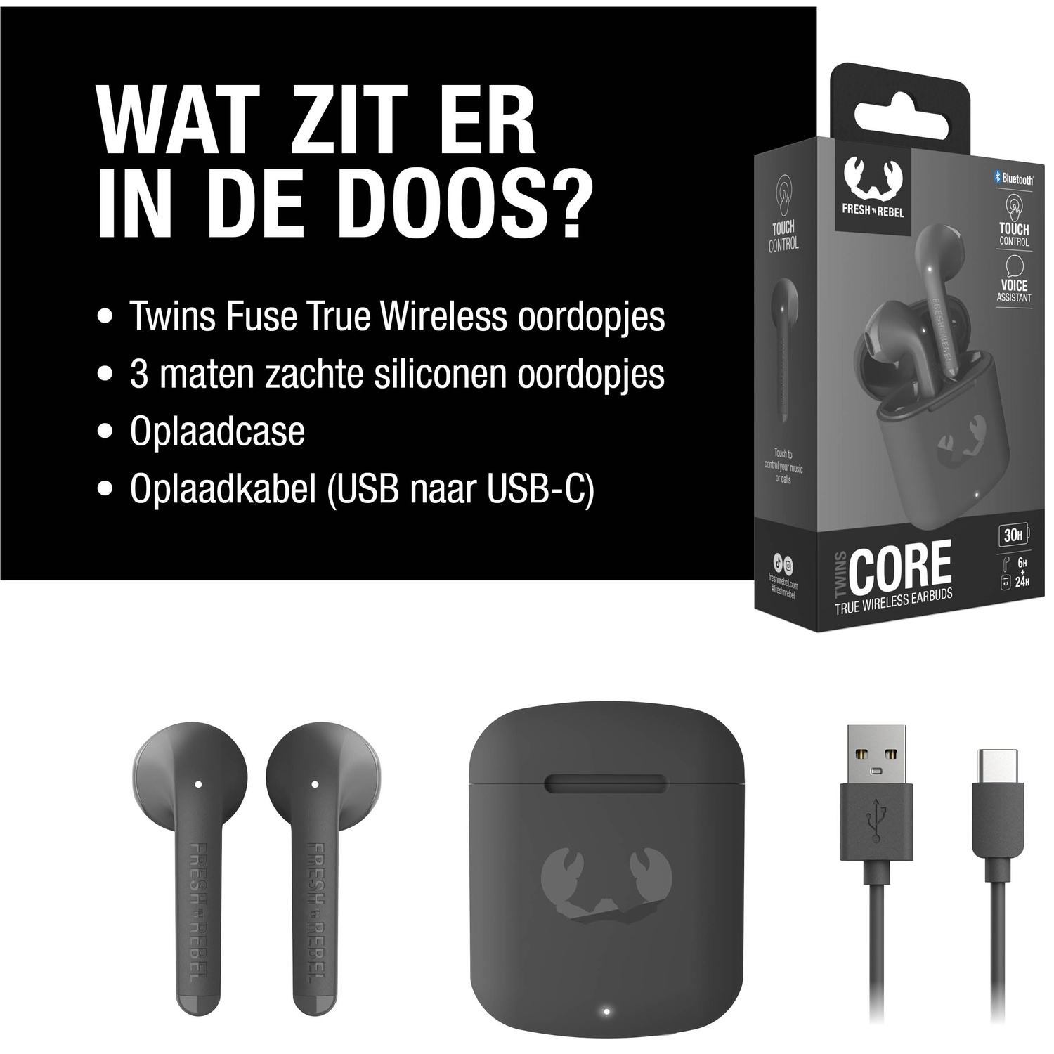 L'image présente des écouteurs Fresh 'n Rebel. Comprend des écouteurs, un étui de charge et un câble USB-C. Le texte liste les composants.