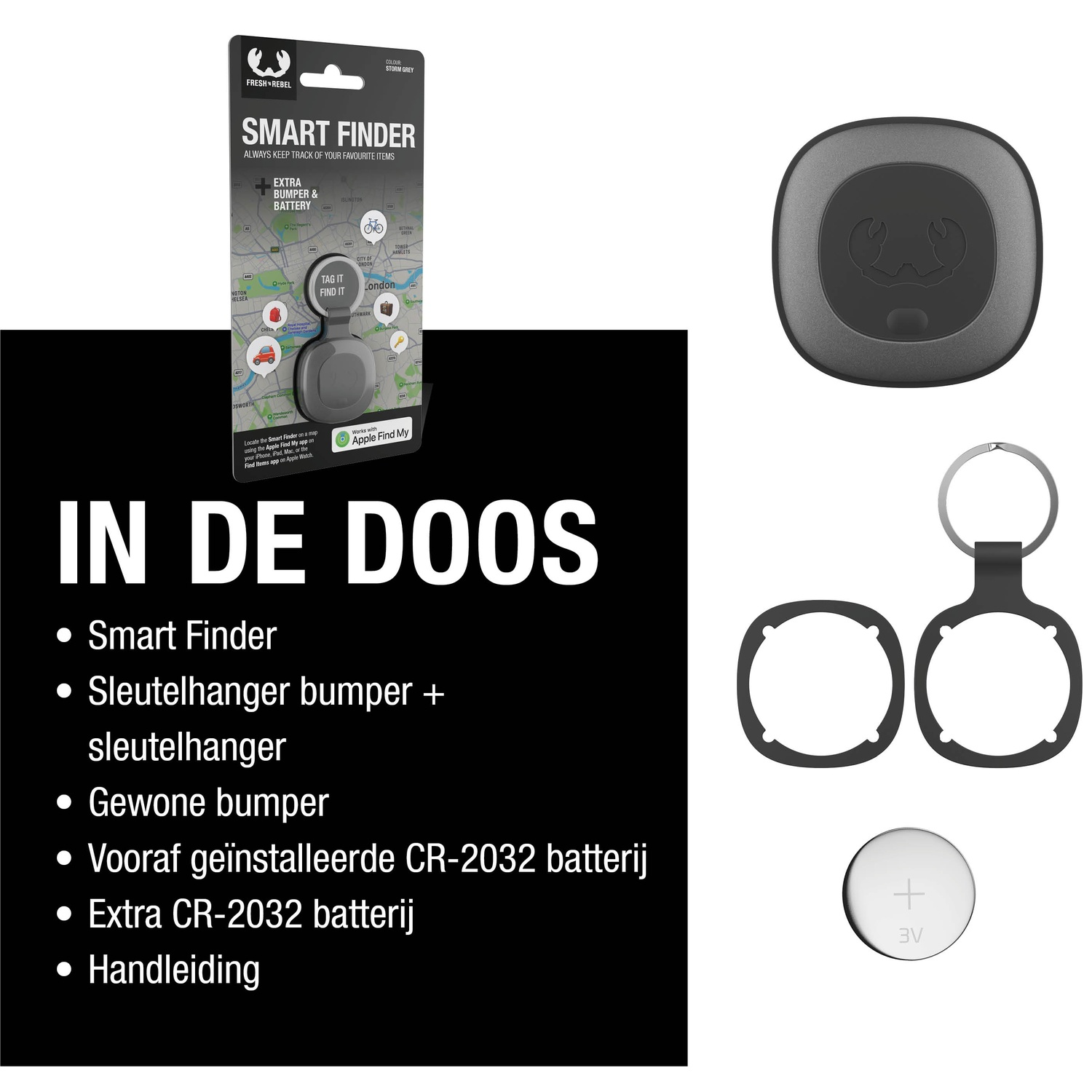 De afbeelding toont een productverpakking van een slimme zoeker met kaart, zoeker, bumpers, sleutelhanger en batterij.