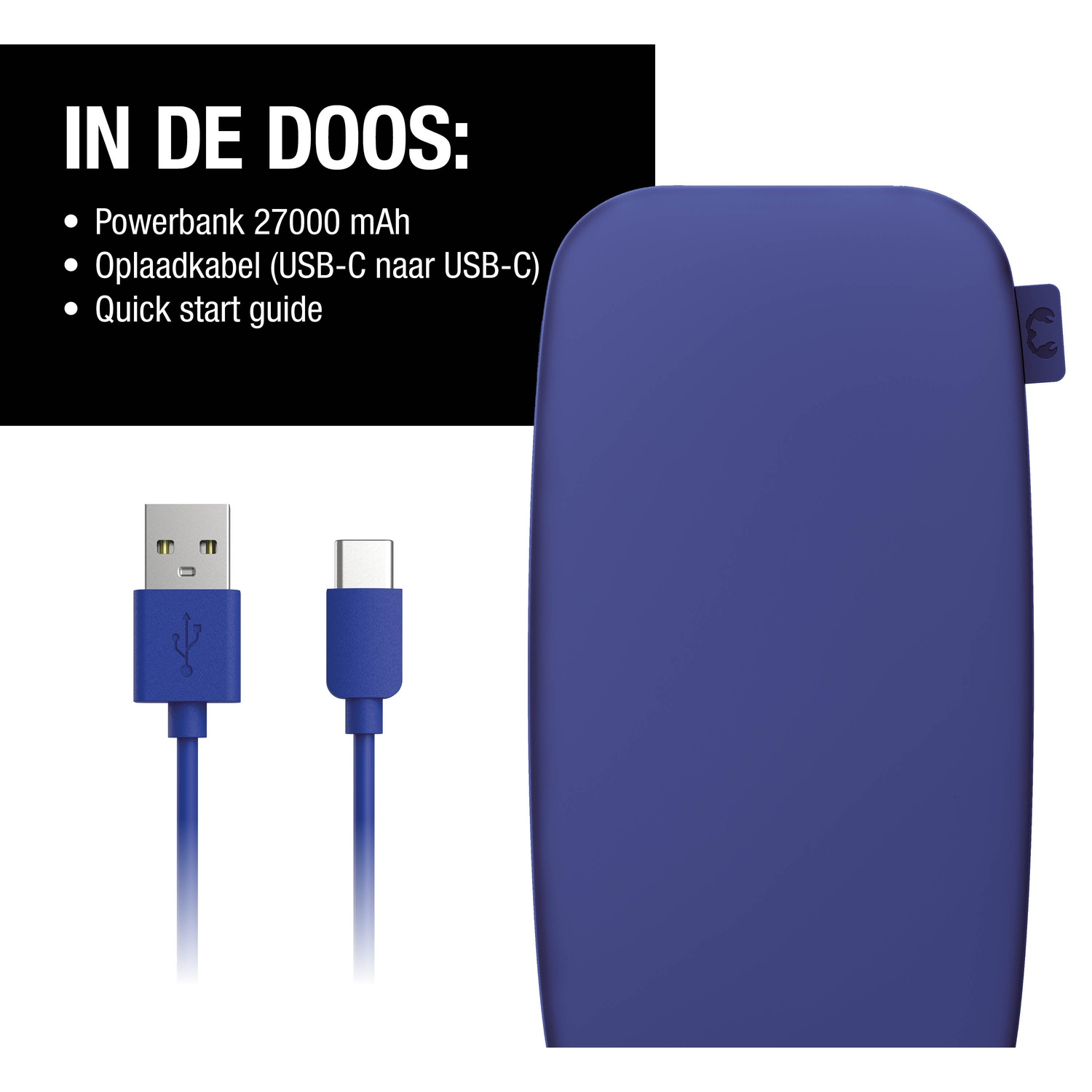 Afbeelding toont een blauwe powerbank, een USB-C-kabel en een tekstlijst: powerbank, USB-C-kabel en snelstartgids.