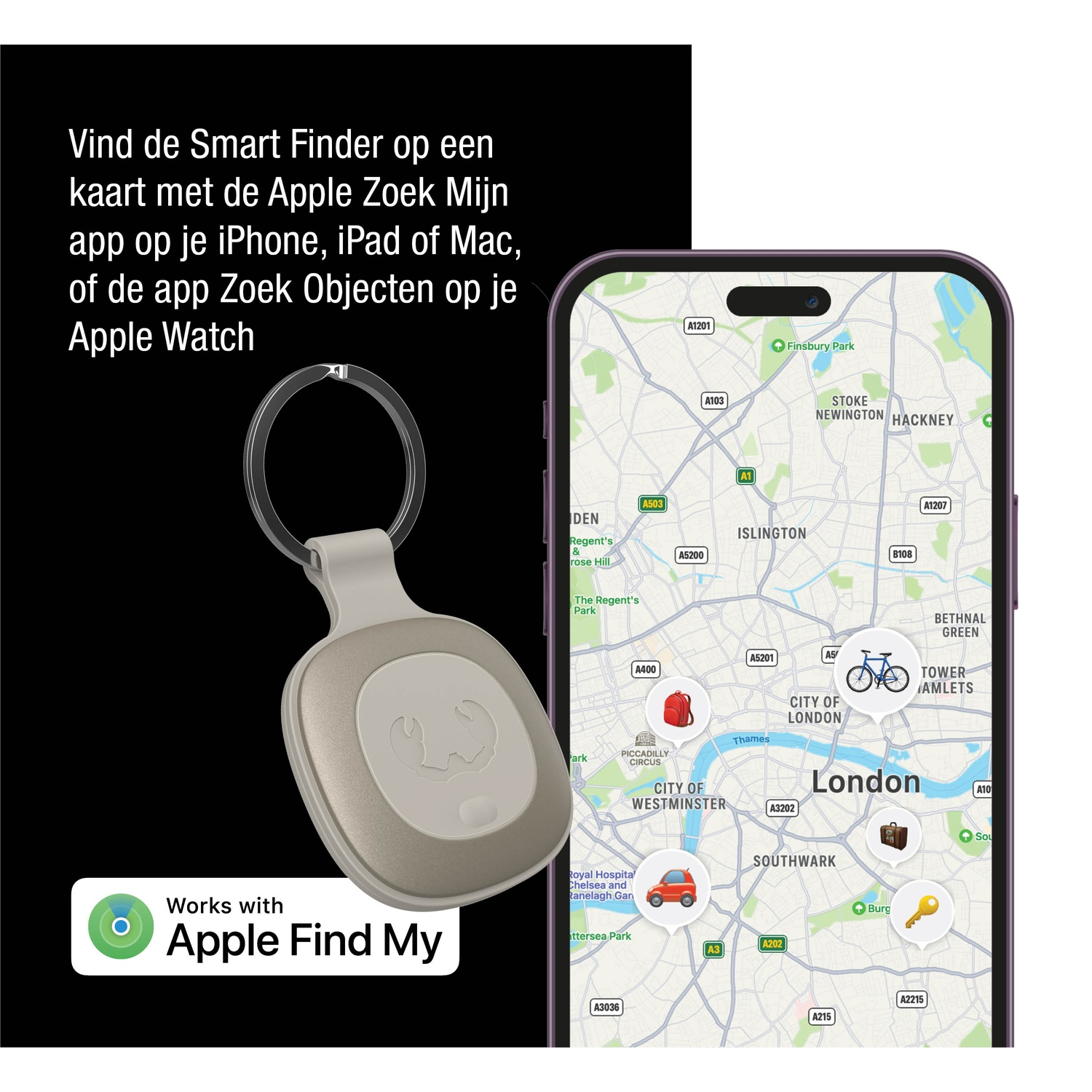 Une balise Smart Finder avec une carte de Londres sur l'écran d'un téléphone. La balise est blanche et grise.