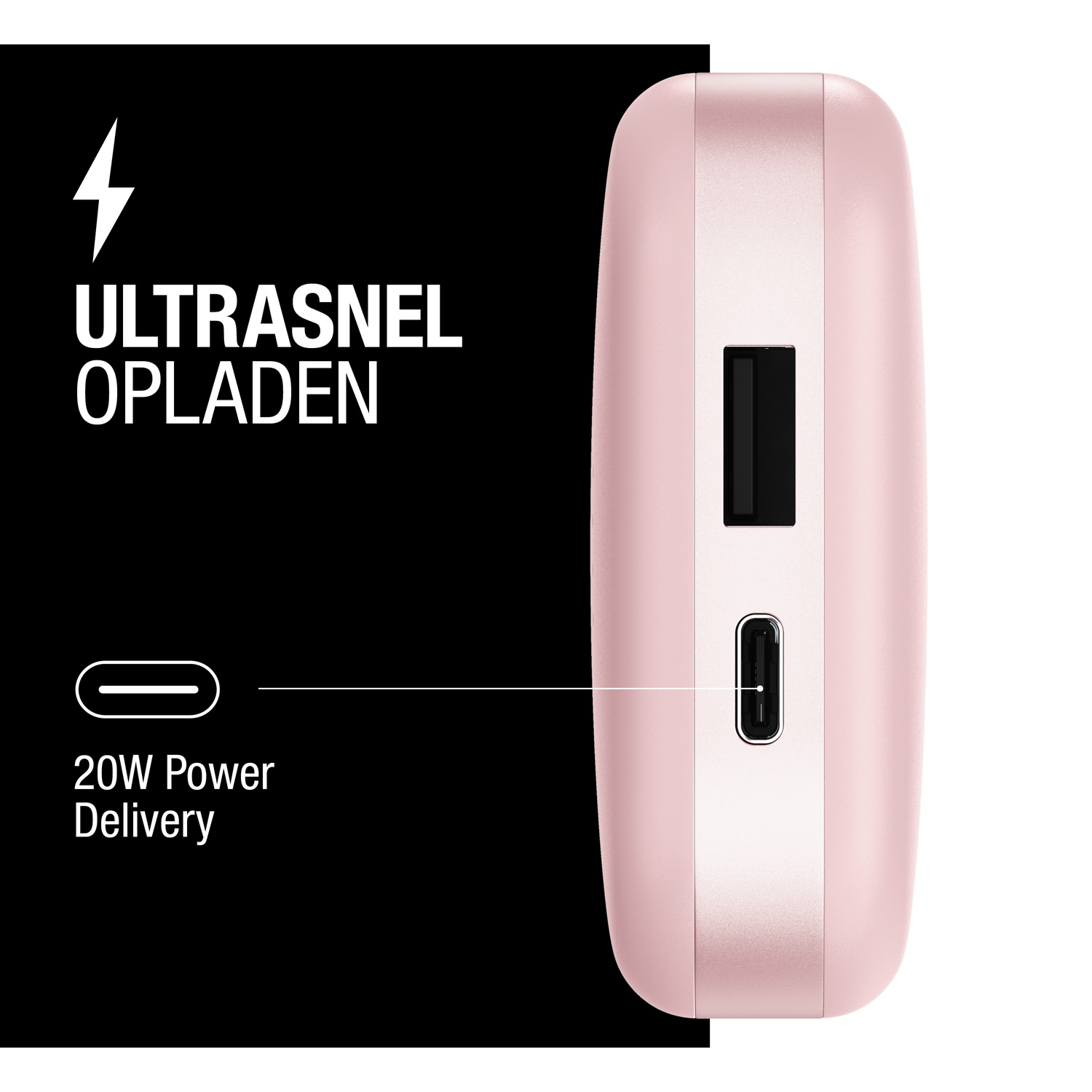 Une batterie externe rose avec ports noirs. Le texte à gauche indique 'ultrasnel opladen' et '20W Power Delivery'.