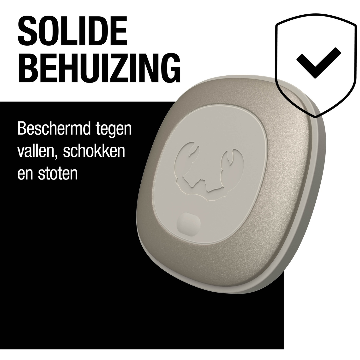Objet circulaire beige avec un motif de crabe, un bouclier avec une coche et du texte en néerlandais: Boîtier solide, protégé contre les chutes et les chocs.