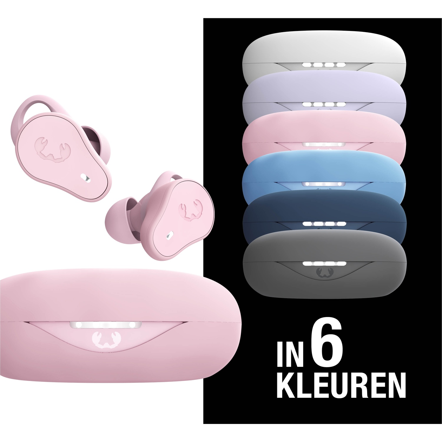 Roze oortelefoons en oplaadcase. Weergegeven met 6 verschillende gekleurde cases: wit, paars, roze, blauw, marineblauw en grijs. Tekst: 'IN 6 KLEUREN'.