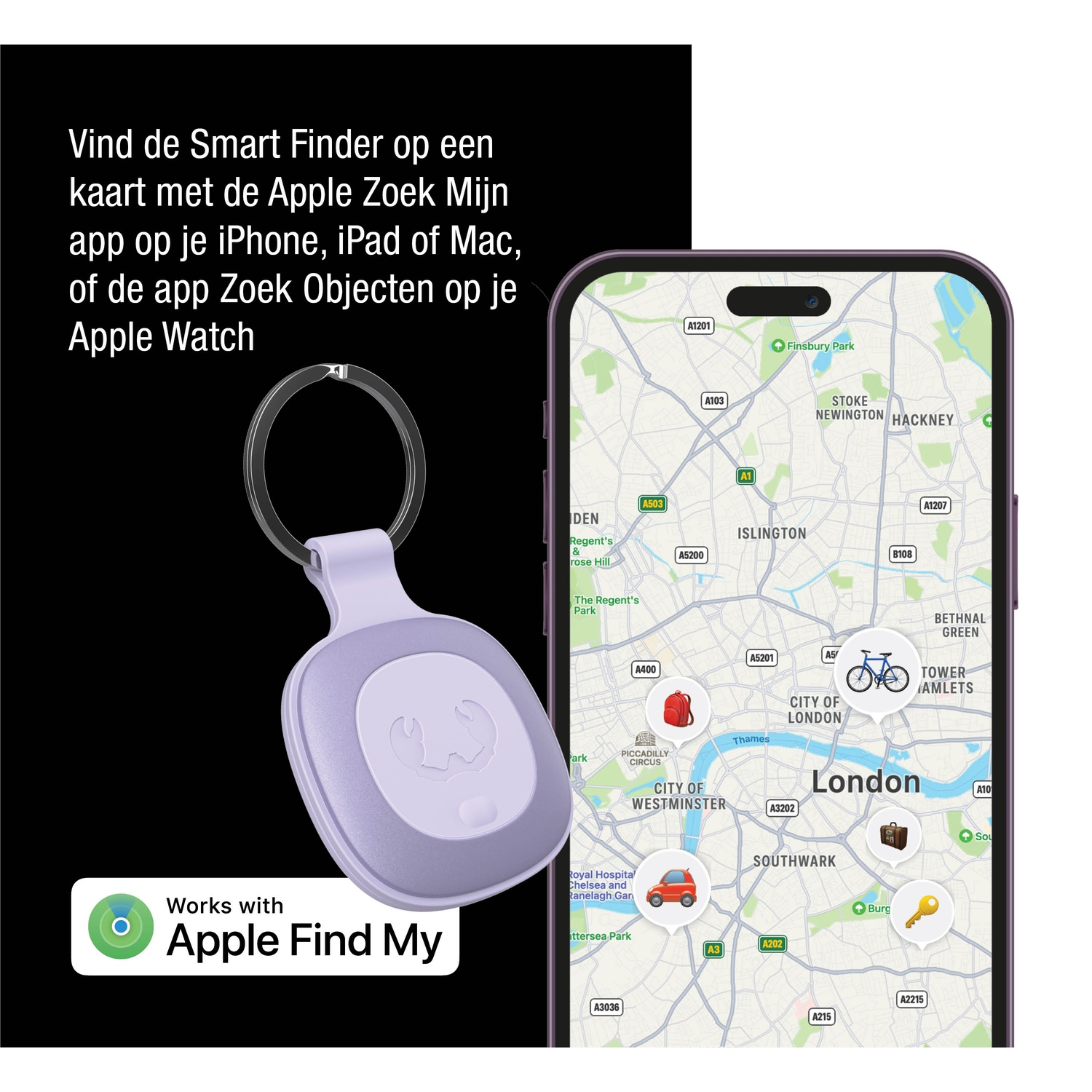 A purple Smart Finder with a map of London on a phone. The finder is attached to a keyring. Text reads 'Apple Find My'.