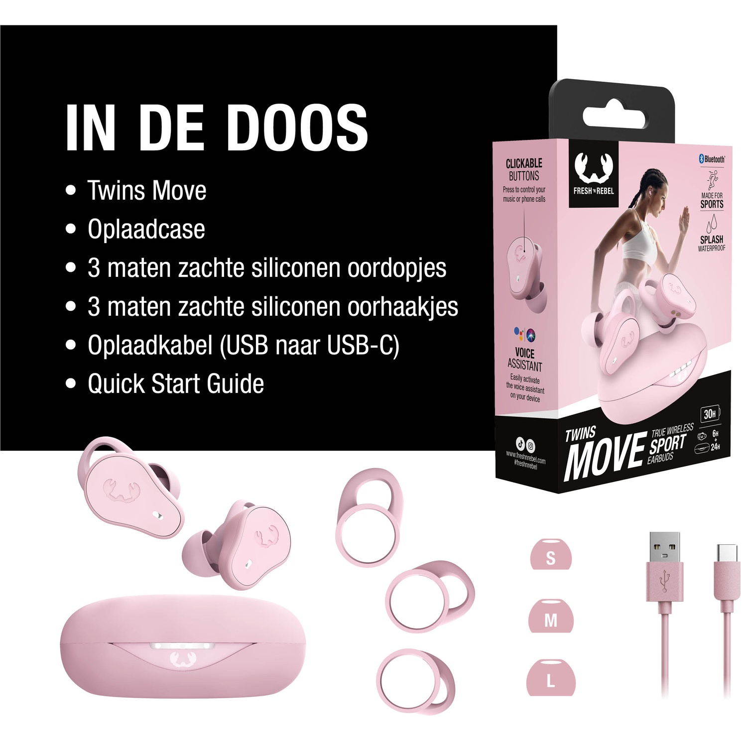 Roze Twins Move oortjes met oplaadcase, oorhaken en USB-C kabel. De doos toont een vrouw die aan het sporten is.