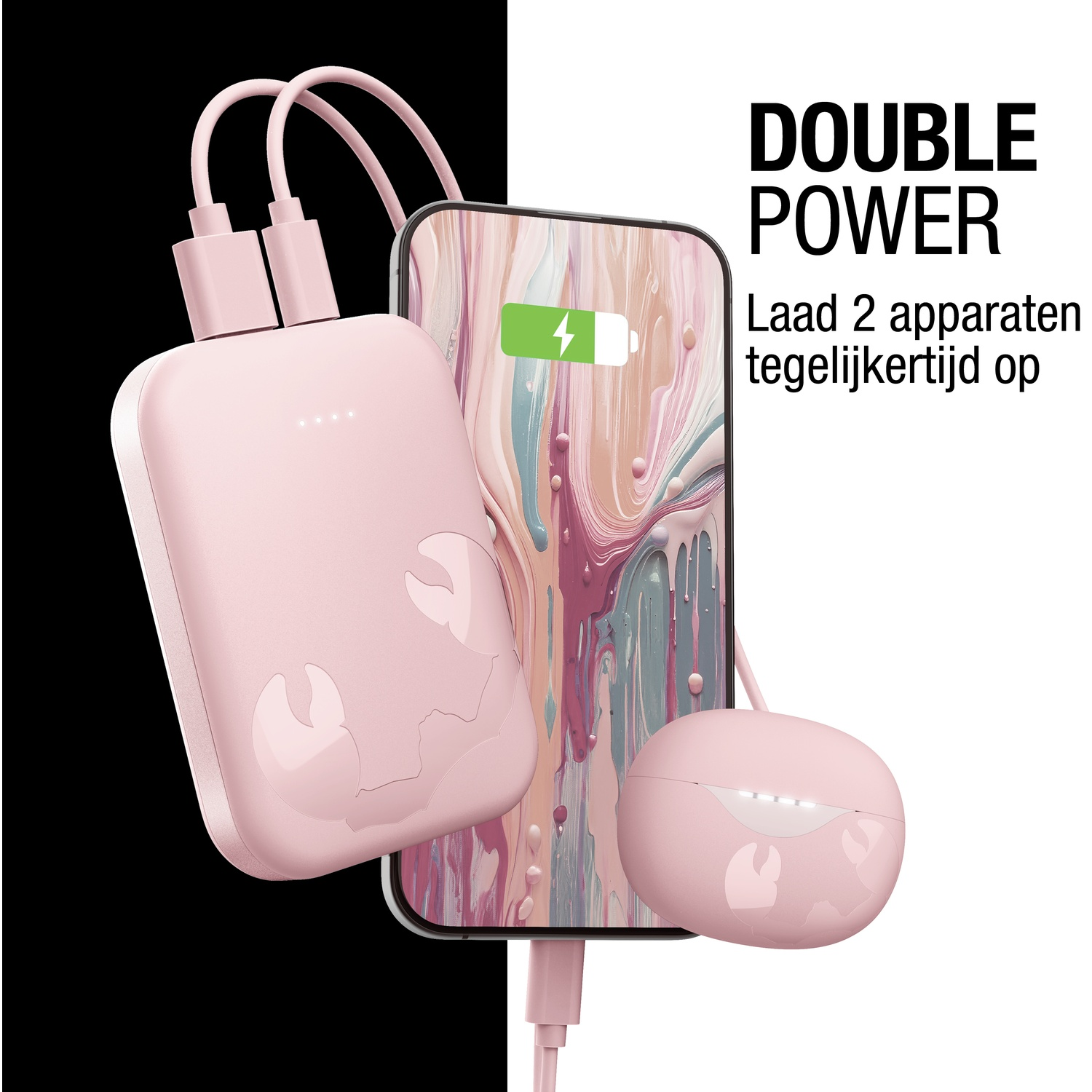Batterie externe rose, téléphone et écouteurs en charge. Le texte indique DOUBLE PUISSANCE. Le téléphone affiche le symbole de charge.