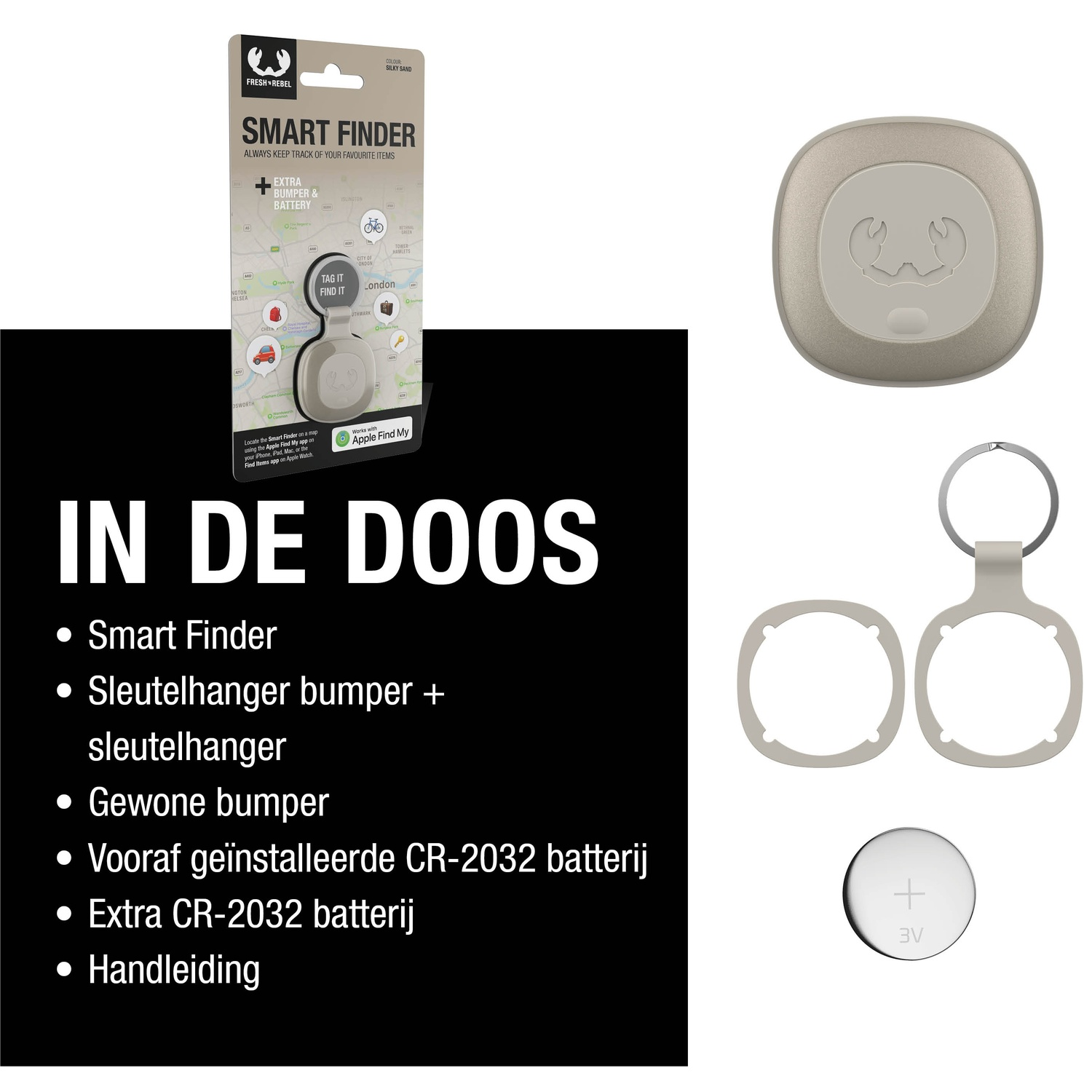 Emballage du produit avec un Smart Finder, une protection, un porte-clés et une pile. La boîte indique 'Smart Finder' et 'Apple Find My'.