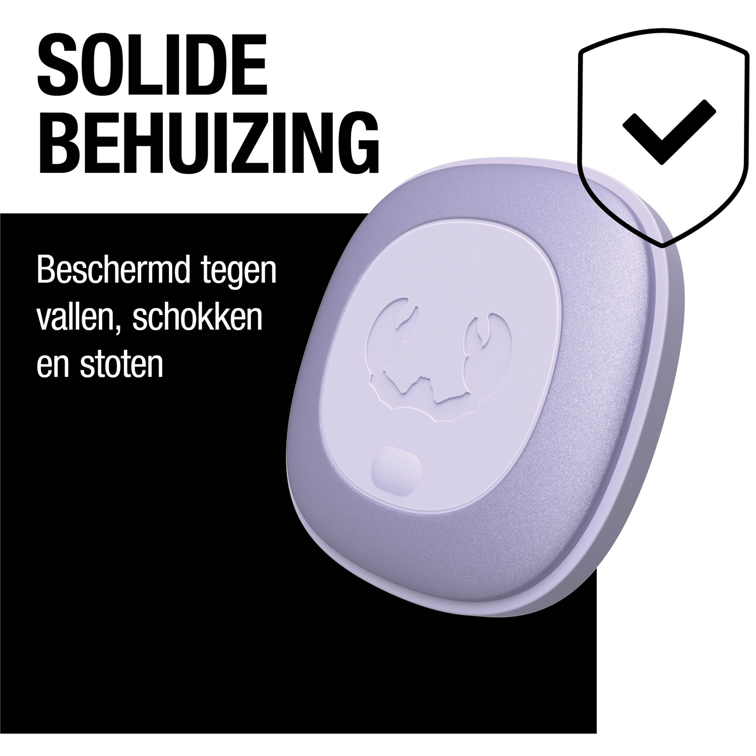 A purple, round device with a logo is displayed. Text states 'Solid Housing, protects against falls, shocks, and impacts'.