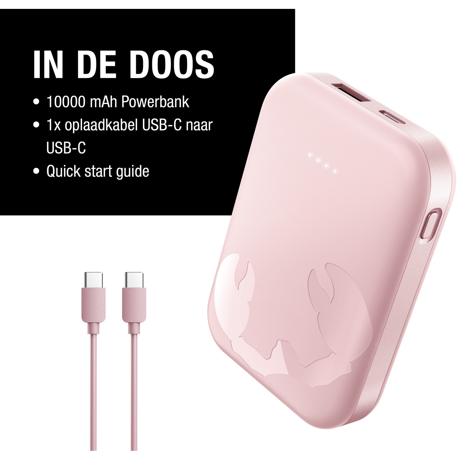 Batterie externe rose avec câble USB-C. Texte sur fond noir : '10000 mAh Powerbank', câble USB-C et guide de démarrage rapide.