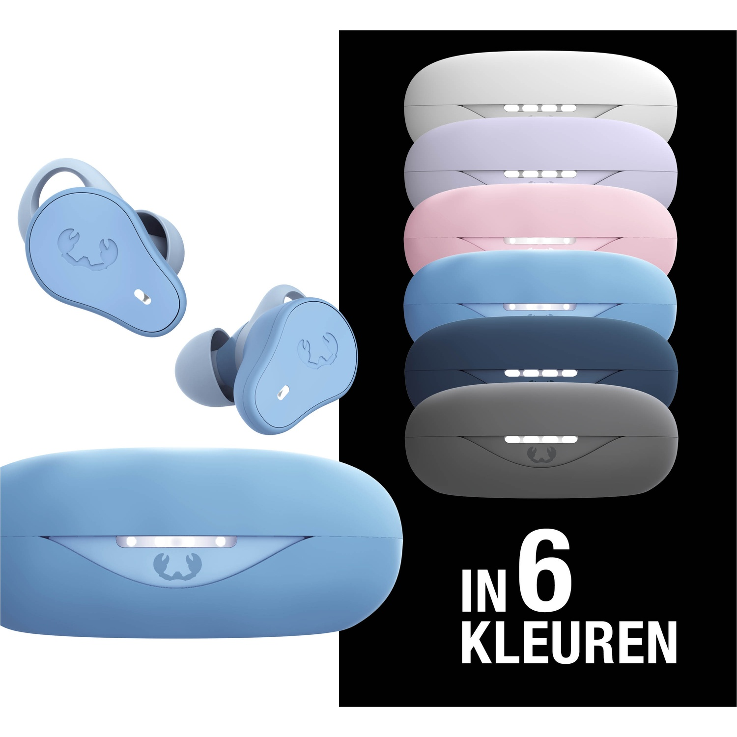 Afbeelding toont blauwe draadloze oordopjes, oplaadcase en zes cases in verschillende kleuren. Tekst: 'IN 6 KLEUREN'.