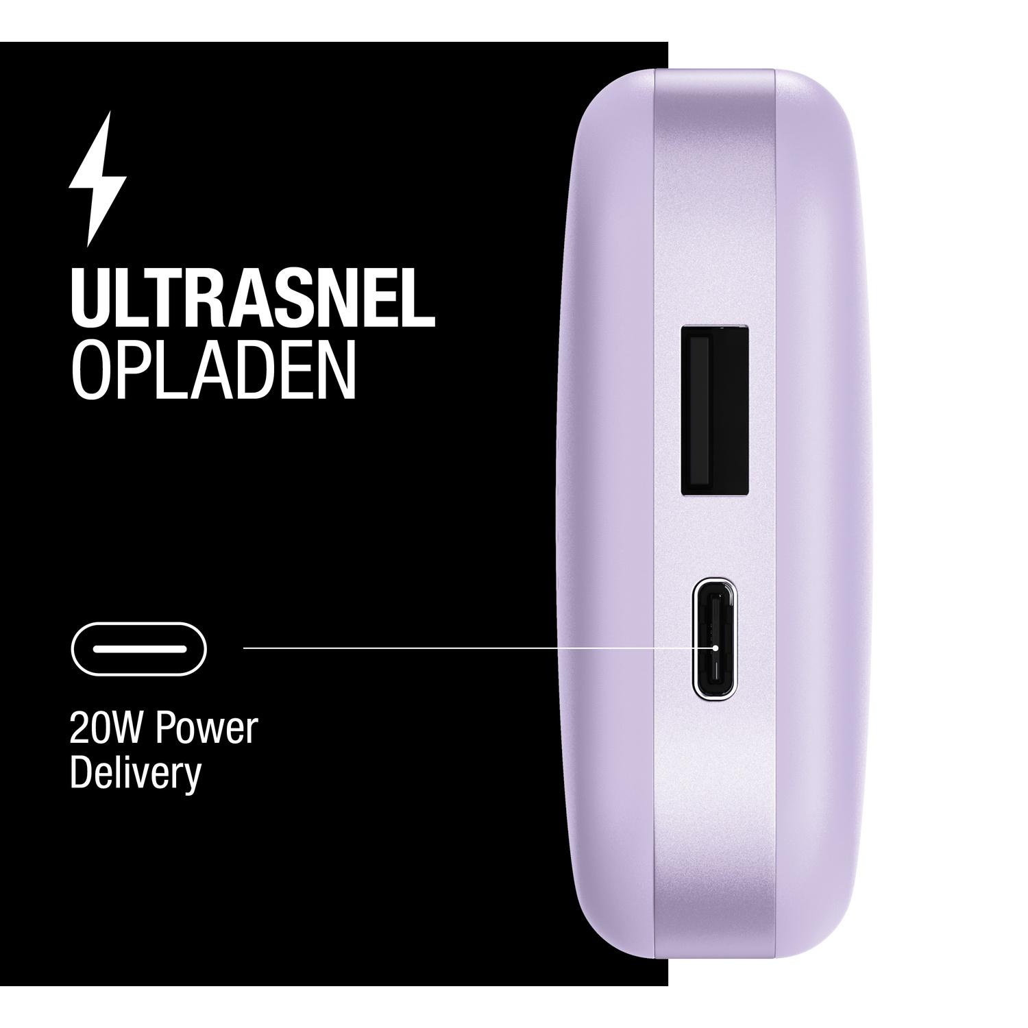 Une batterie externe violette avec ports USB et USB-C. Texte : 'Ultrasnel Opladen' et '20W Power Delivery'.