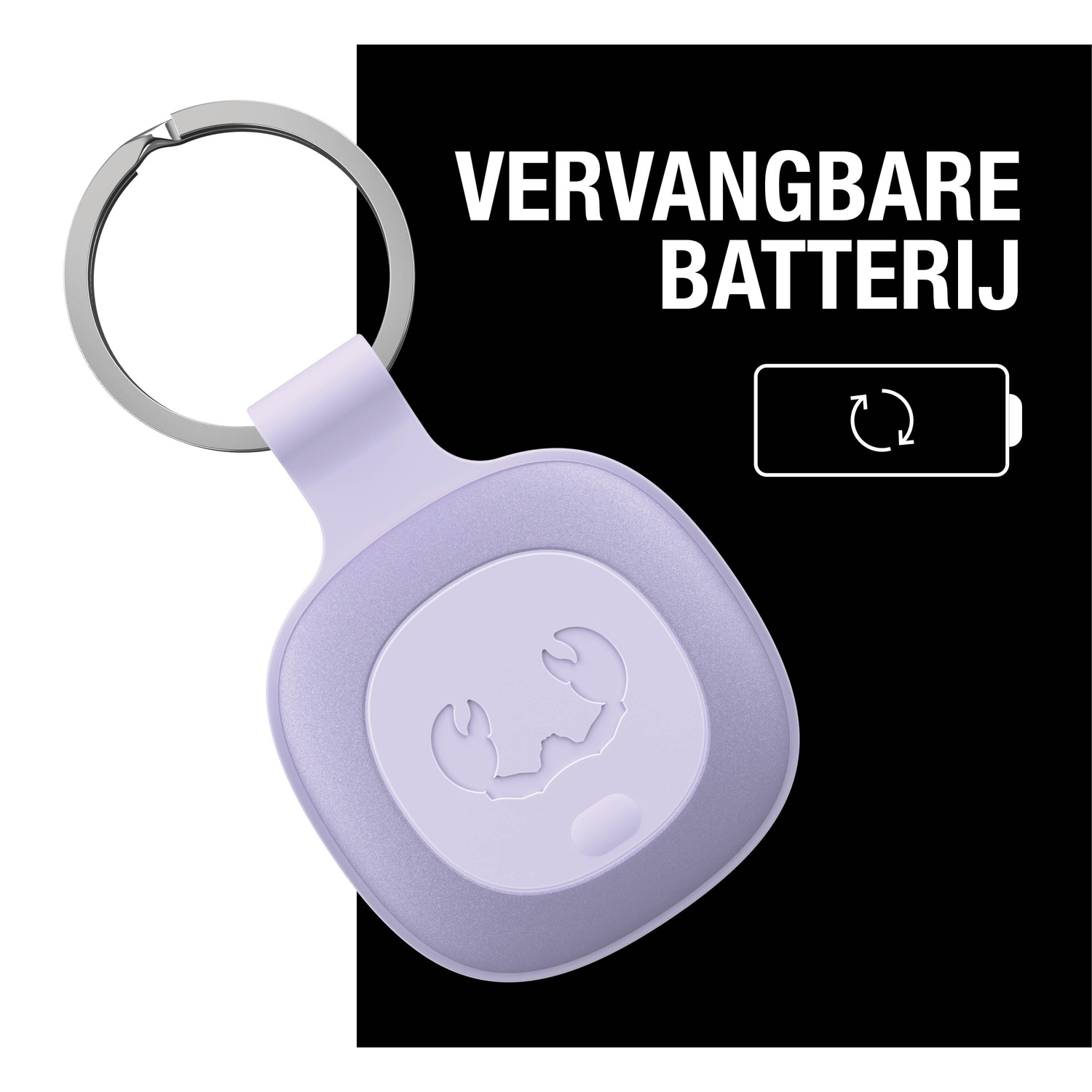 A purple key fob with a silver key ring. Text says 'VERVANGBARE BATTERIJ'. There is a battery icon with a recycle symbol.
