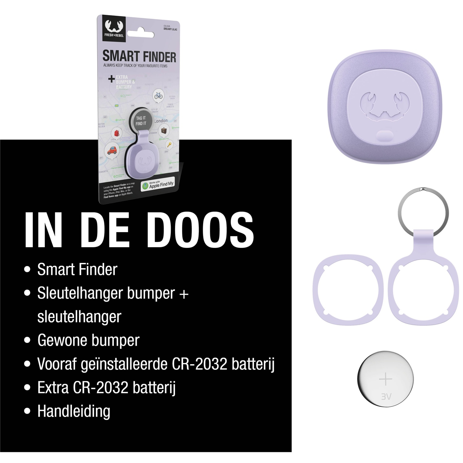 Image shows a Smart Finder kit. Includes finder, bumpers, key ring, and battery. Packaging lists items and features.