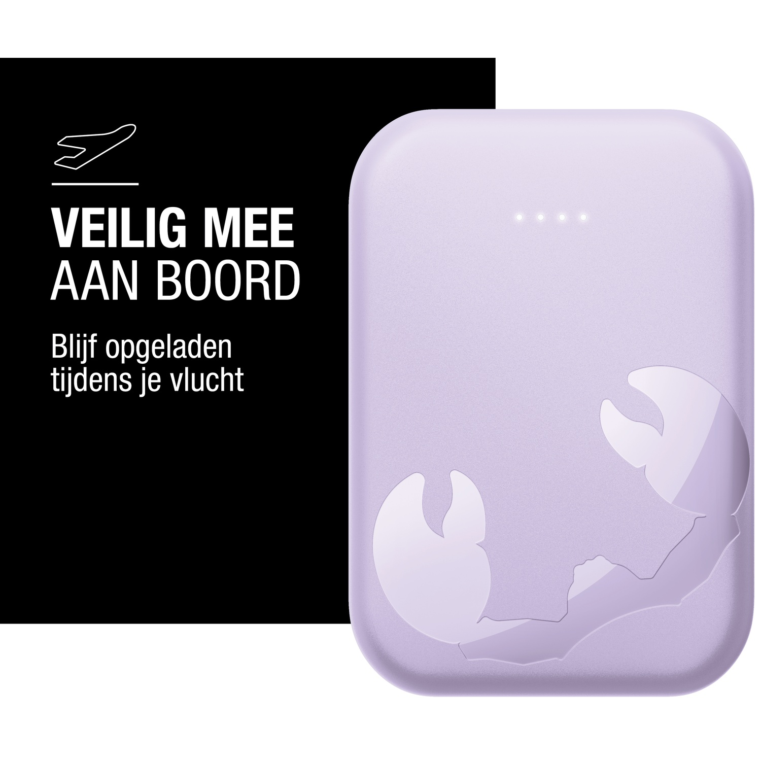 Une batterie externe violette avec un design abstrait et quatre voyants. Texte sur fond noir : sûr à bord, restez chargé pendant votre vol.