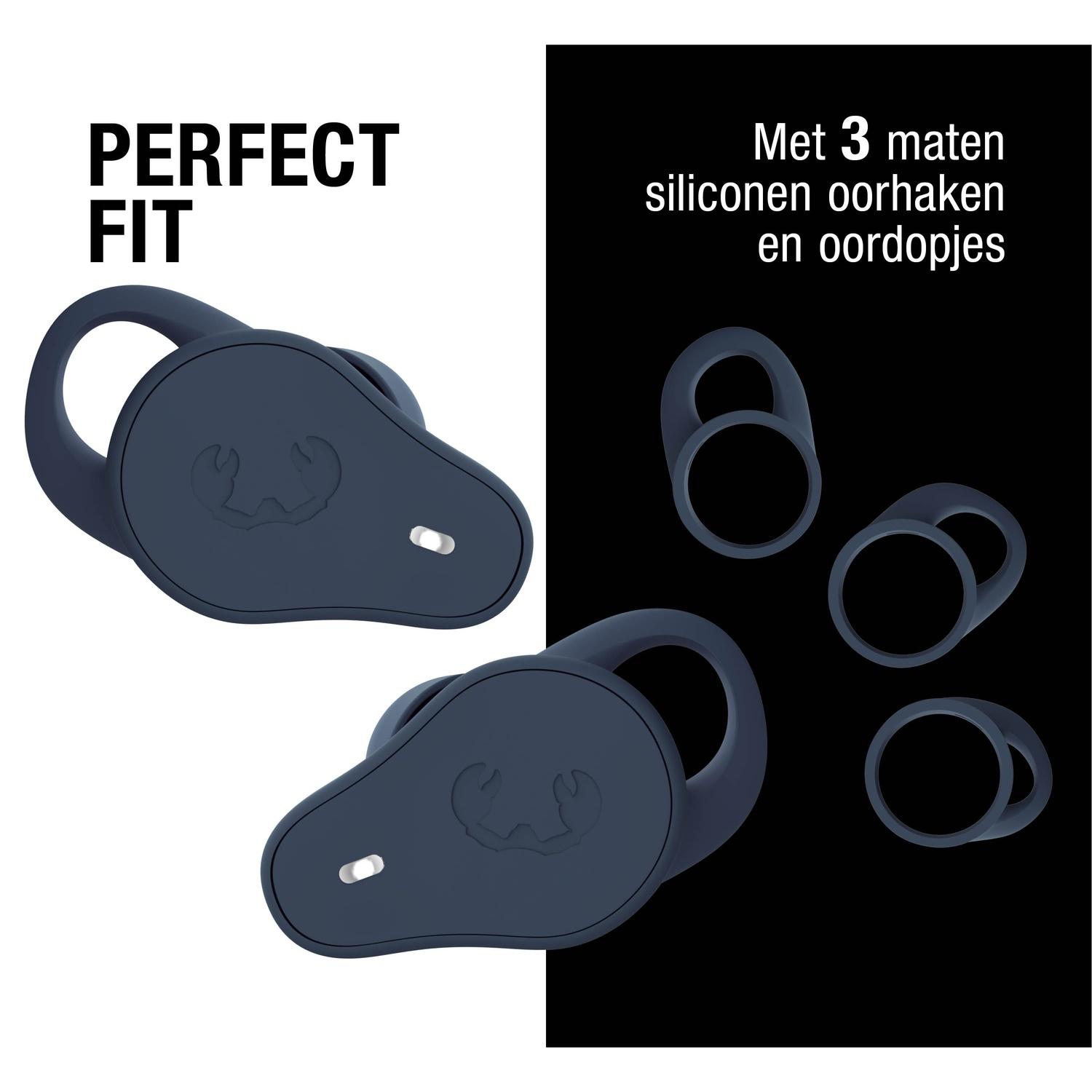 L'image montre deux écouteurs bleu marine avec des embouts de différentes tailles. Texte : 'Perfect Fit'. Fond noir et blanc.