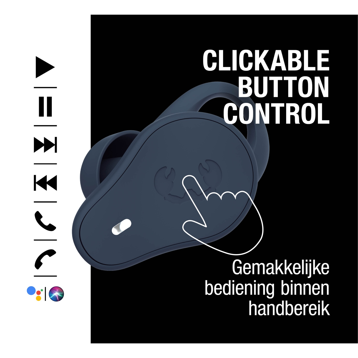 Écouteur bleu foncé avec commande à bouton cliquable. Texte blanc et icône de main sur fond noir. Icônes de lecture, pause, volume.