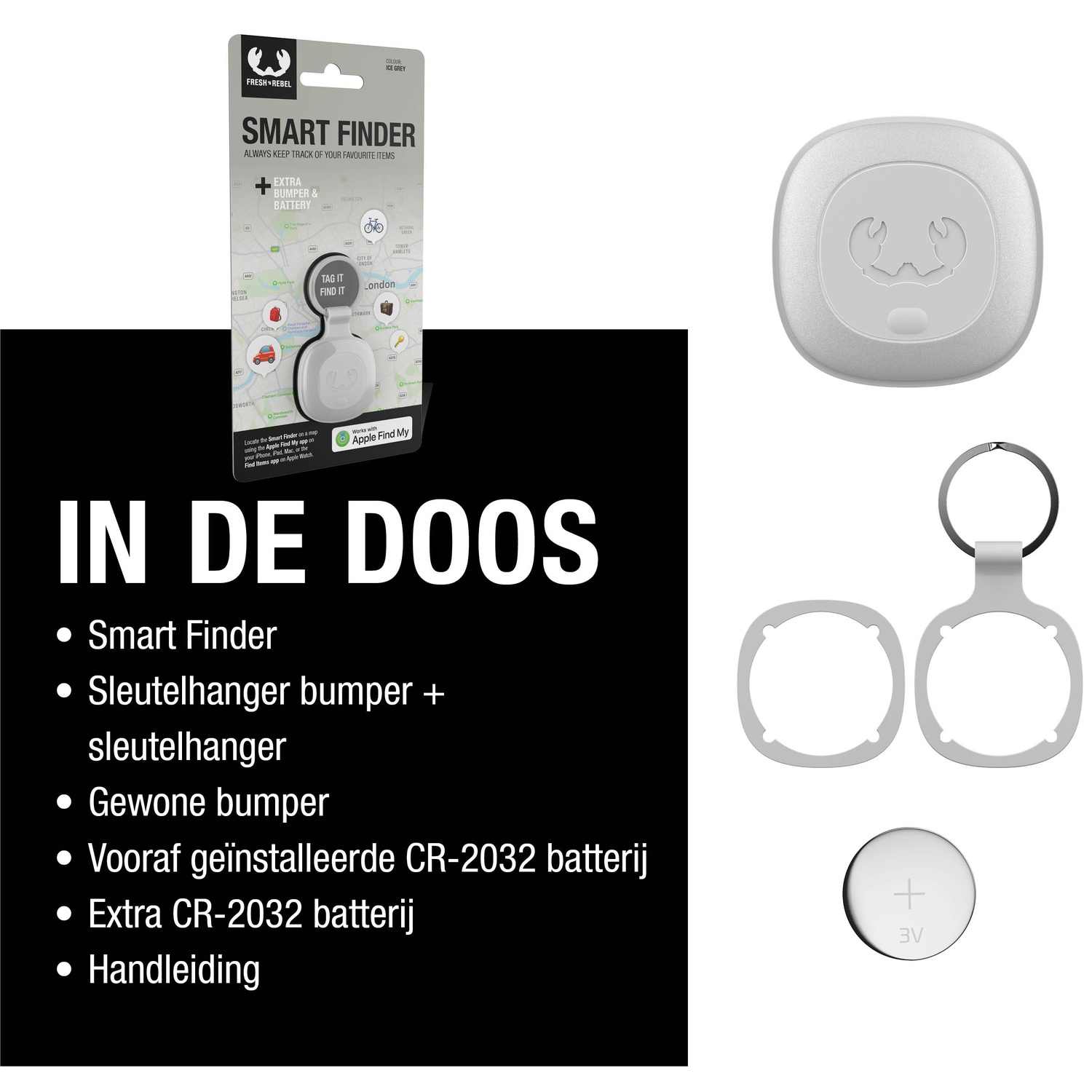Une boîte produit Smart Finder avec accessoires : Smart Finder, porte-clés, pare-chocs et une pile. La boîte montre une carte.