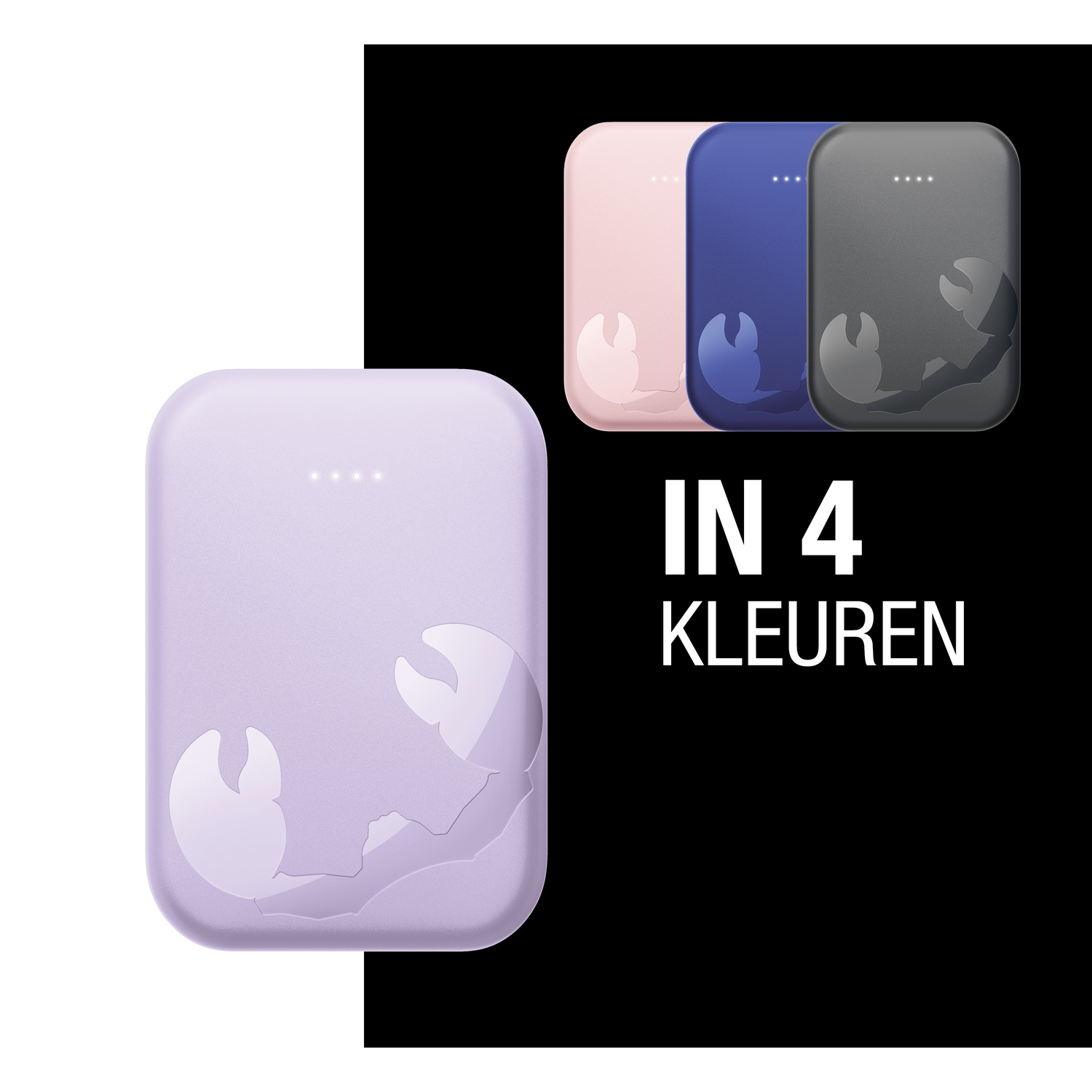 L'image montre 4 batteries externes de différentes couleurs : rose, bleu, gris et violet. Chacune a un motif de crabe et quatre lumières blanches.