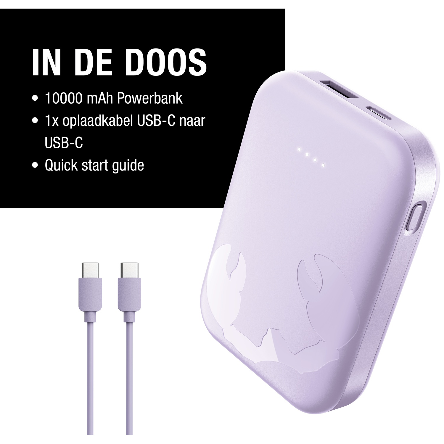 Une banque d'alimentation lavande avec câbles USB-C. Une boîte noire indique les éléments inclus.