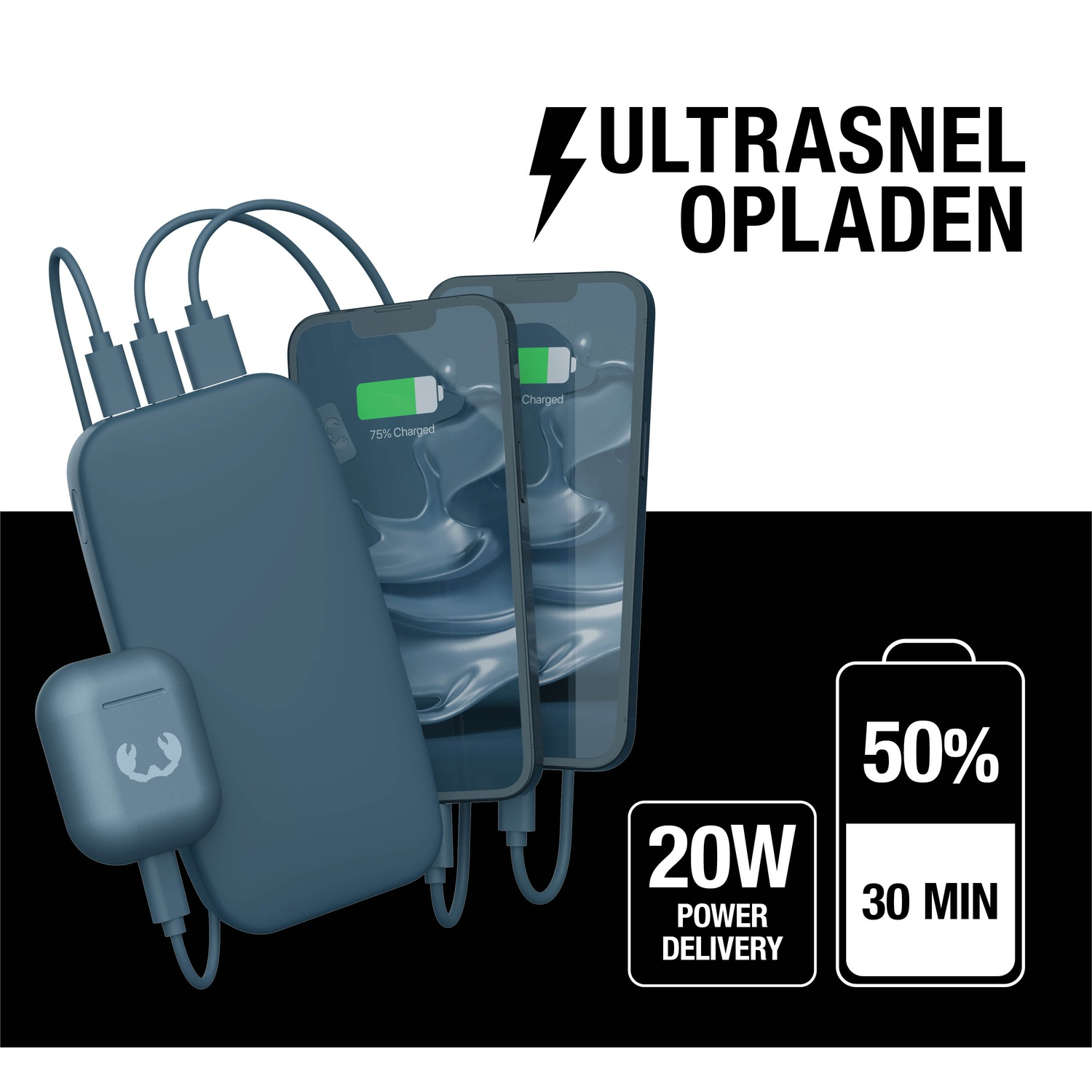 De afbeelding toont een telefoon die oplaadt, een powerbank en oortelefoons. De tekst zegt 'ultrasnel opladen', 20W stroomvoorziening en 50% in 30 min.