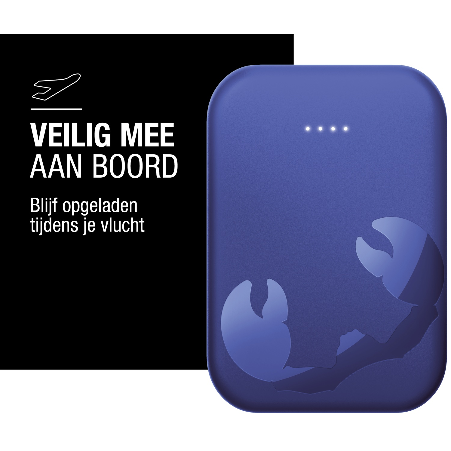 Une batterie externe bleue avec un motif de crabe. Texte à gauche : 'en sécurité à bord' et 'restez chargé pendant votre vol'.