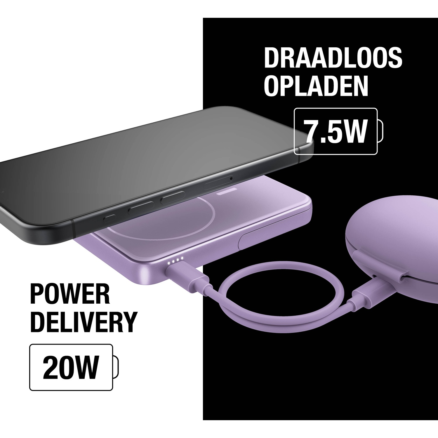 Een zwarte telefoon ligt op een paarse draadloze oplader. Tekst: 'DRAADLOOS OPLADEN 7.5W' en 'POWER DELIVERY 20W'.