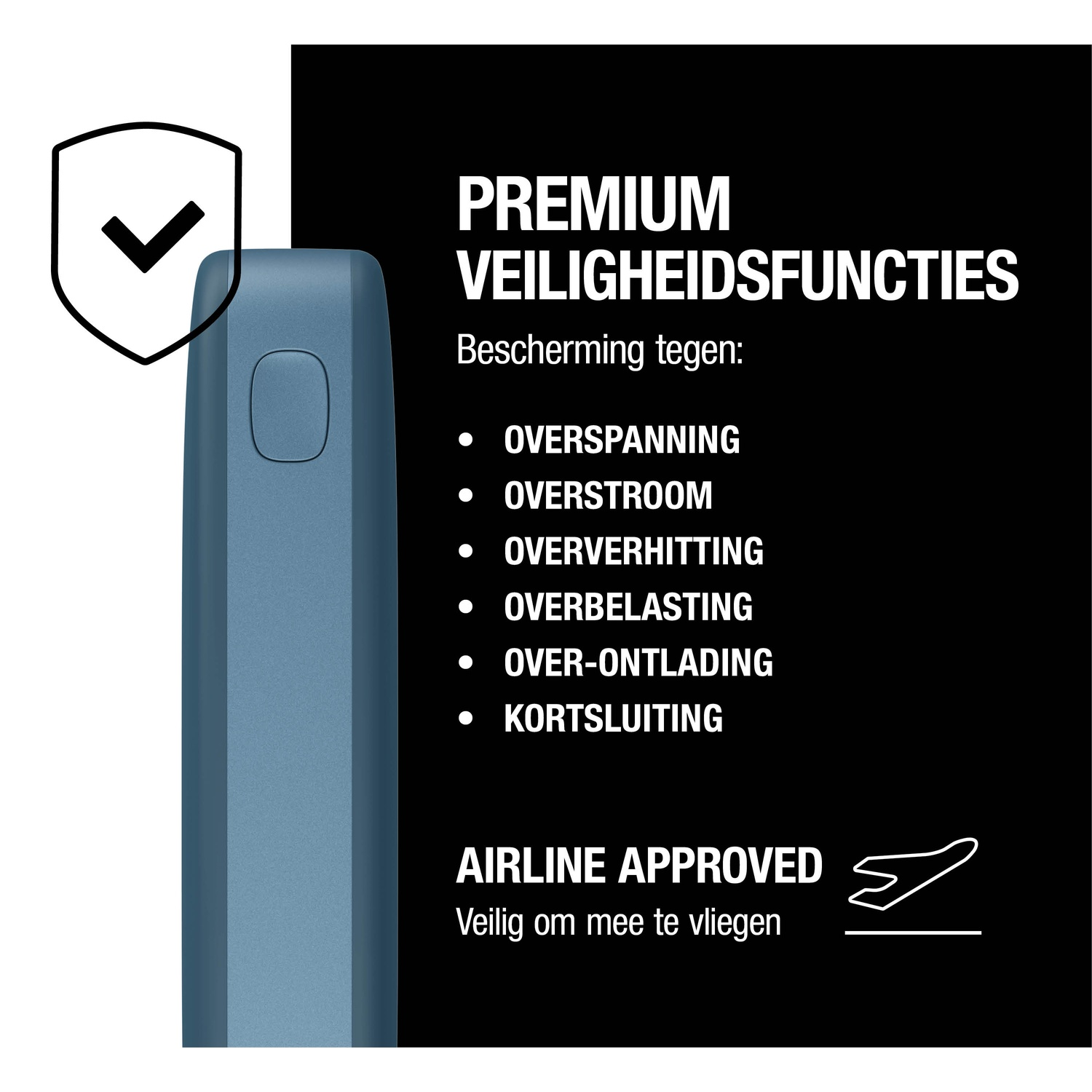 Afbeelding met tekst over premium veiligheidsfuncties. Een blauw apparaat links. Tekst bevat "Airline Approved" en beschermingstypen.