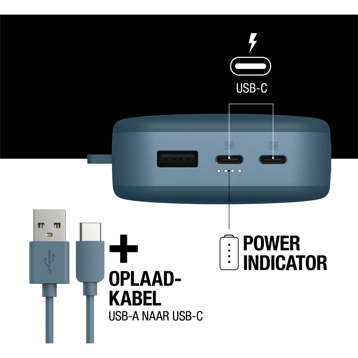 Afbeelding toont een blauwe powerbank met USB-C poorten, een stroomindicator en een USB-A naar USB-C oplaadkabel. Tekst geeft opladen aan.
