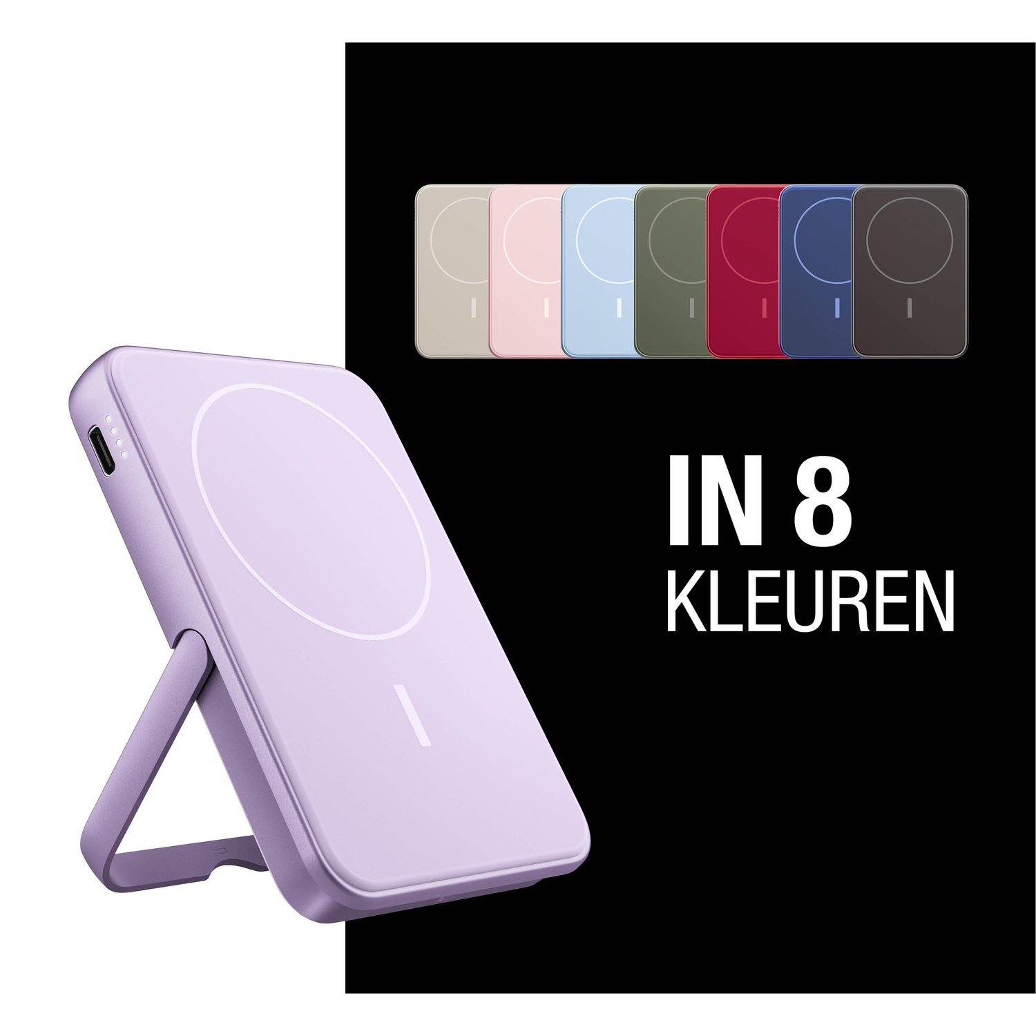 Een paarse draagbare oplader met standaard wordt getoond. Acht kleuropties worden in een rij getoond. Tekst luidt 'IN 8 KLEUREN'.