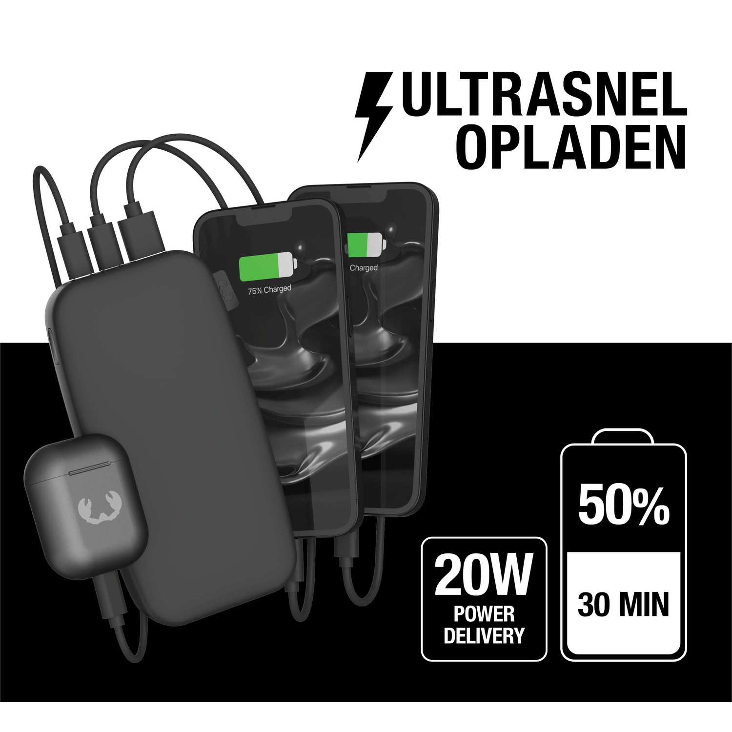 Black power bank charging two phones. Earbuds and text: Ultrasnel Opladen, 20W power, 50% in 30 min.