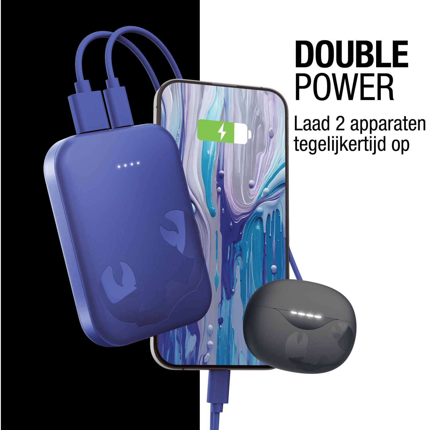 Une batterie externe bleue charge un téléphone et des écouteurs. Le téléphone affiche une icône de batterie. Texte : 'Double Power'.