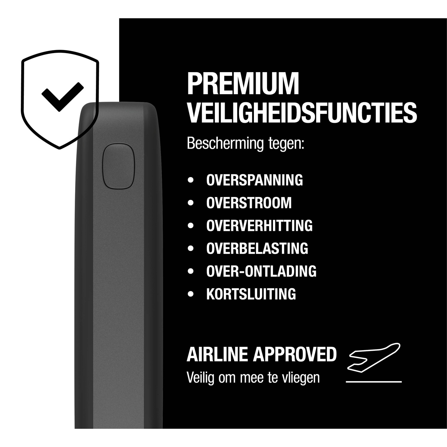 Image with text about safety features. It has a black background with white text and a gray device on the left.